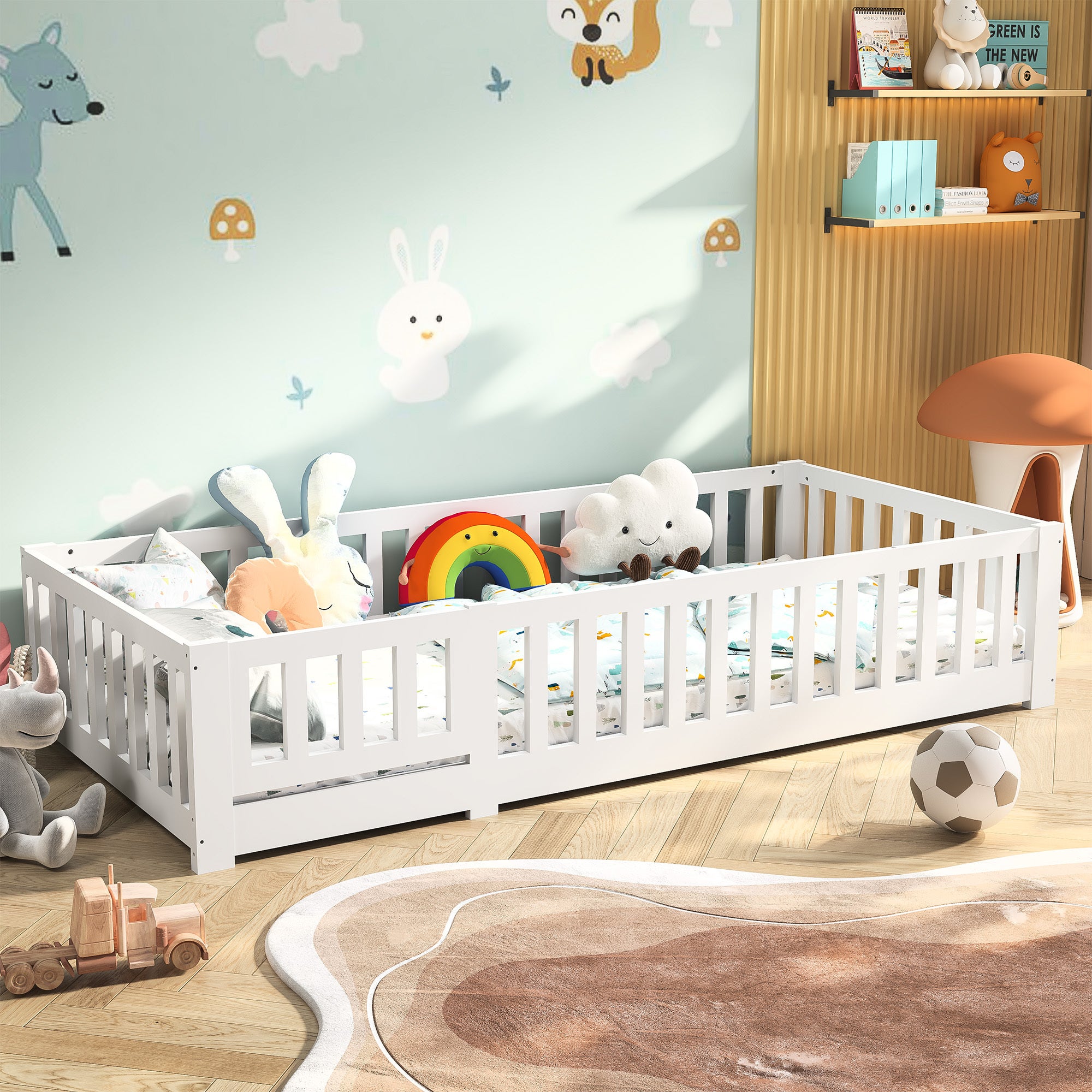 Lit enfant 90x200 cm, cadre en pin blanc, lit au sol, avec rambarde de sécurité, sommier à lattes, scandinave - 4