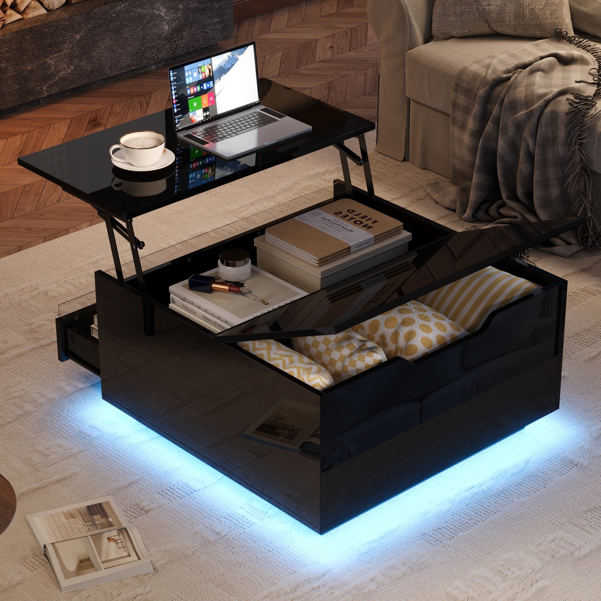 Table basse carrée avec plateau relevable et 1 tiroir - 70 x 70 x 38 cm - LEDs - Panneau de particules - Noir brillant - 2