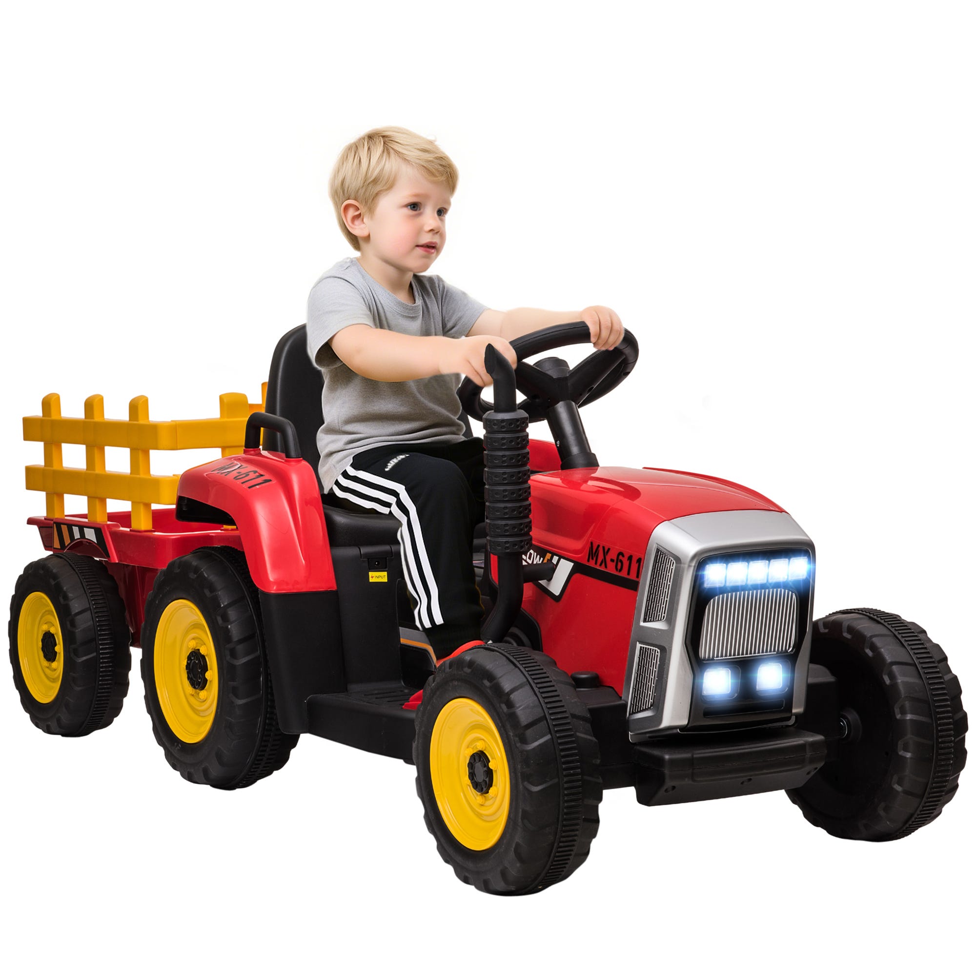 Tracteur Électrique 12V Pour Enfants 3 Vitesses Avec Remorque Amovible Et Télécommande 2.4G - Rouge, Lumières LED, Musique Et USB