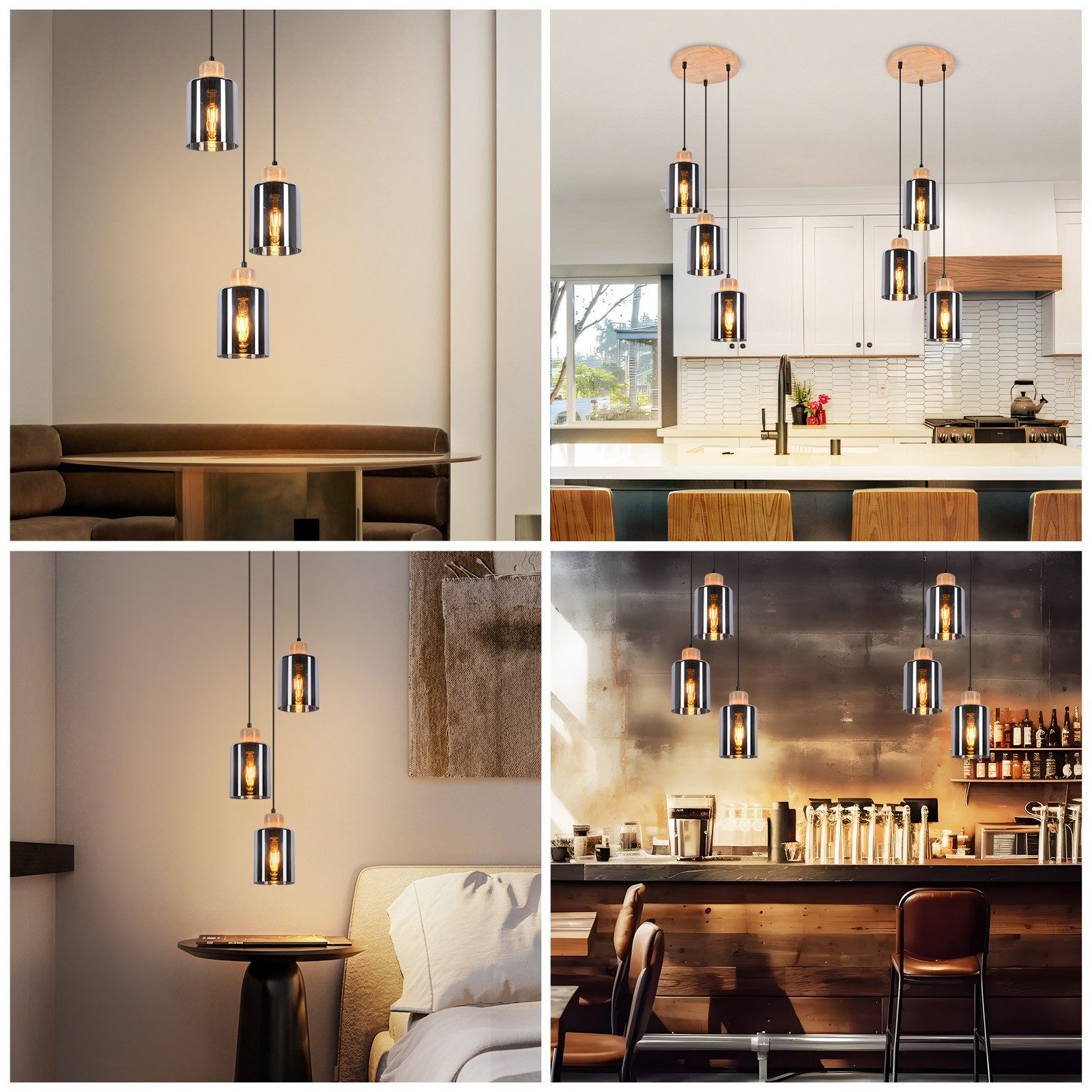 NETTLIFE Suspension en bois, lampe suspendue E27, lampe de table à manger vintage en verre - 8