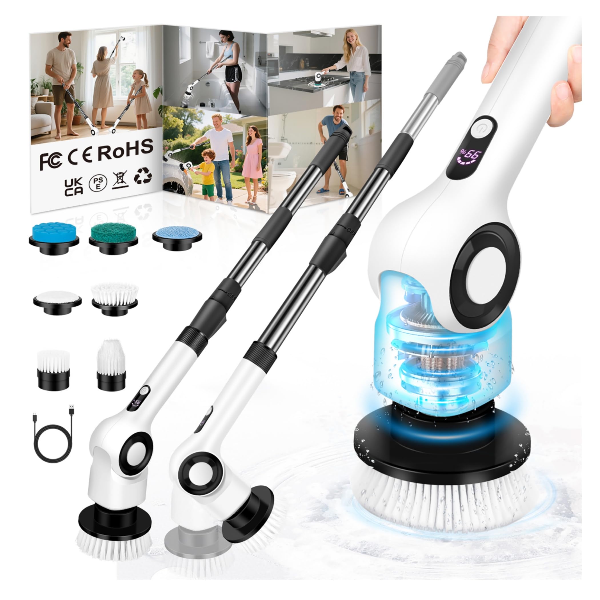 Sichler pulitore per fughe: Spazzola di pulizia a batteria 2 in 1, asta telescopica, 125 cm, 8 accessori, 2.000mAh (spazzola elettrica per la pulizia