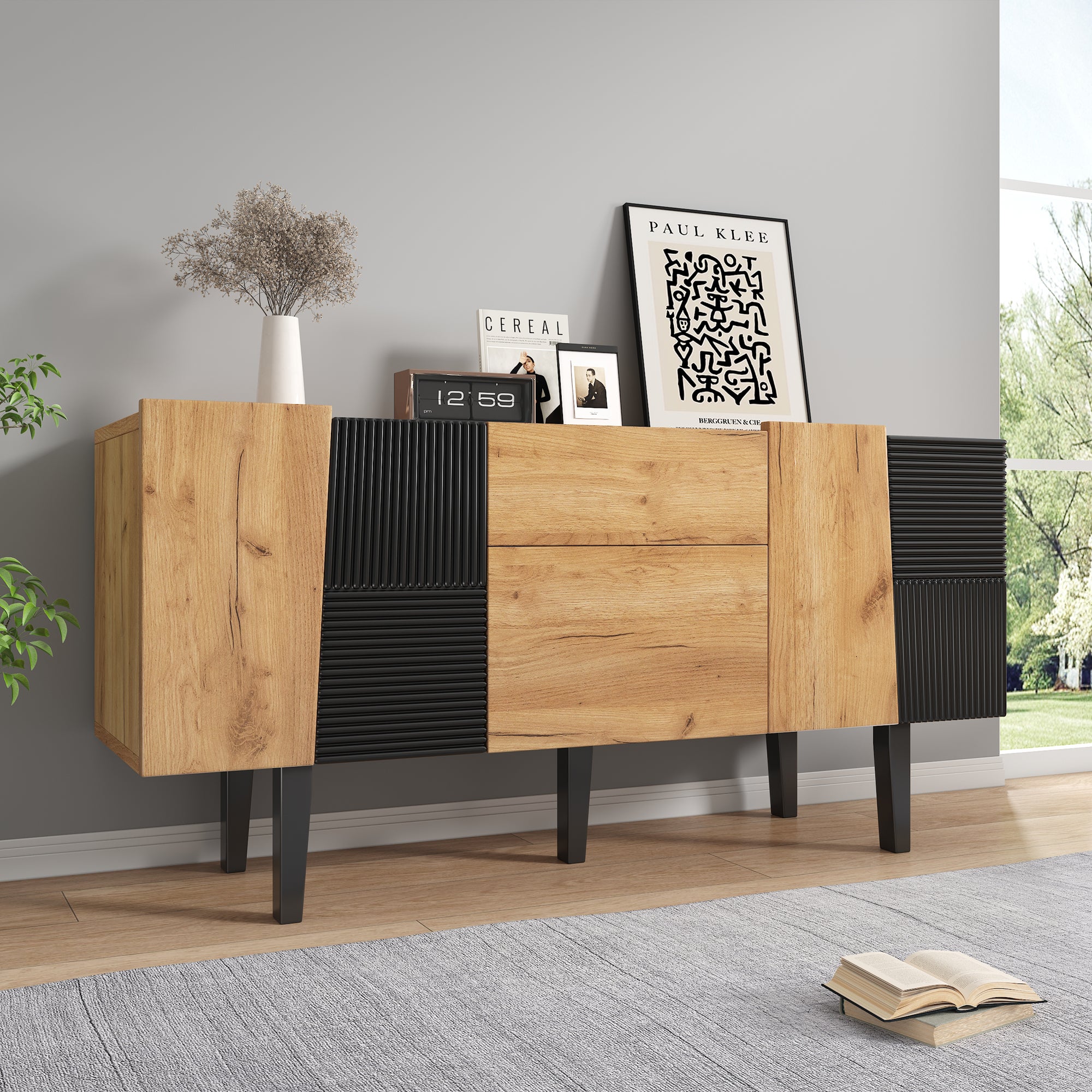 Buffet 4 Portes 80x150x40cm - Meuble TV Rangement, Pieds Métal, Design Linéaire Noir Et Or, Pour Salon Moderne - 10