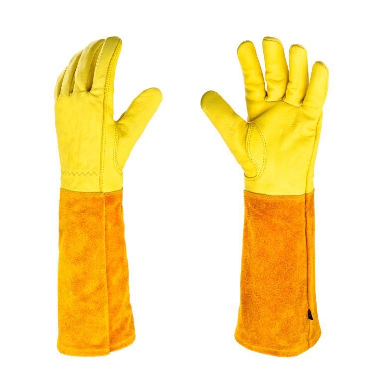 (Jaune L)Gants de Jardinage en Cuir Respirant pour Homme et Femme avec Gant Anti-épine, Manches Longues en Cuir de Vache pour Jardinier et Fermier - 4