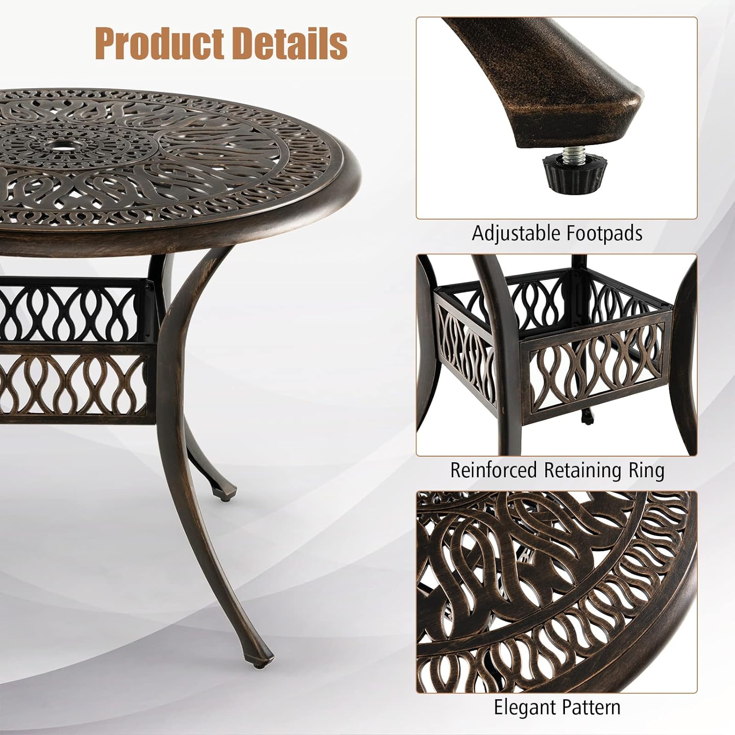 Table de Bistrot en Aluminium avec Trou pour Parasol de 5 CM, Table de Jardin Ronde avec Patins Réglables, Style Rétro, Convient pour Terrasse - 5