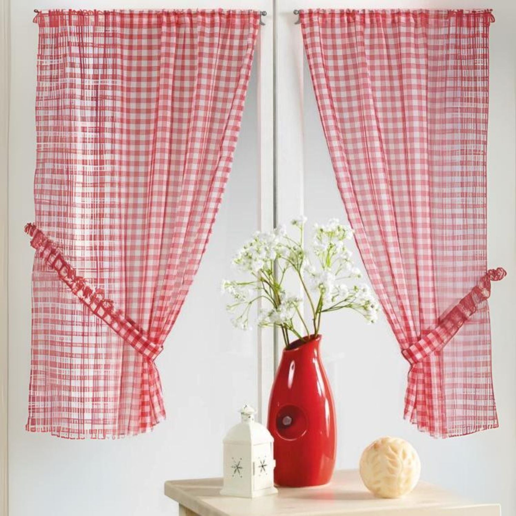 Paire petits voilages à carreaux rouges normands - Rouge - 55x200 cm ...