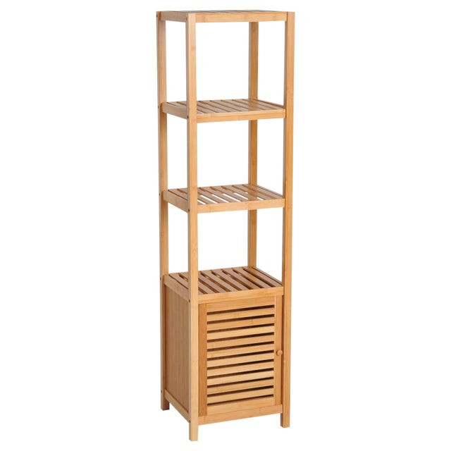 Meuble de salle de bain autoportant, 3 étagères, étroit et haut, porte à lattes, 36 x 33 x 140 cm