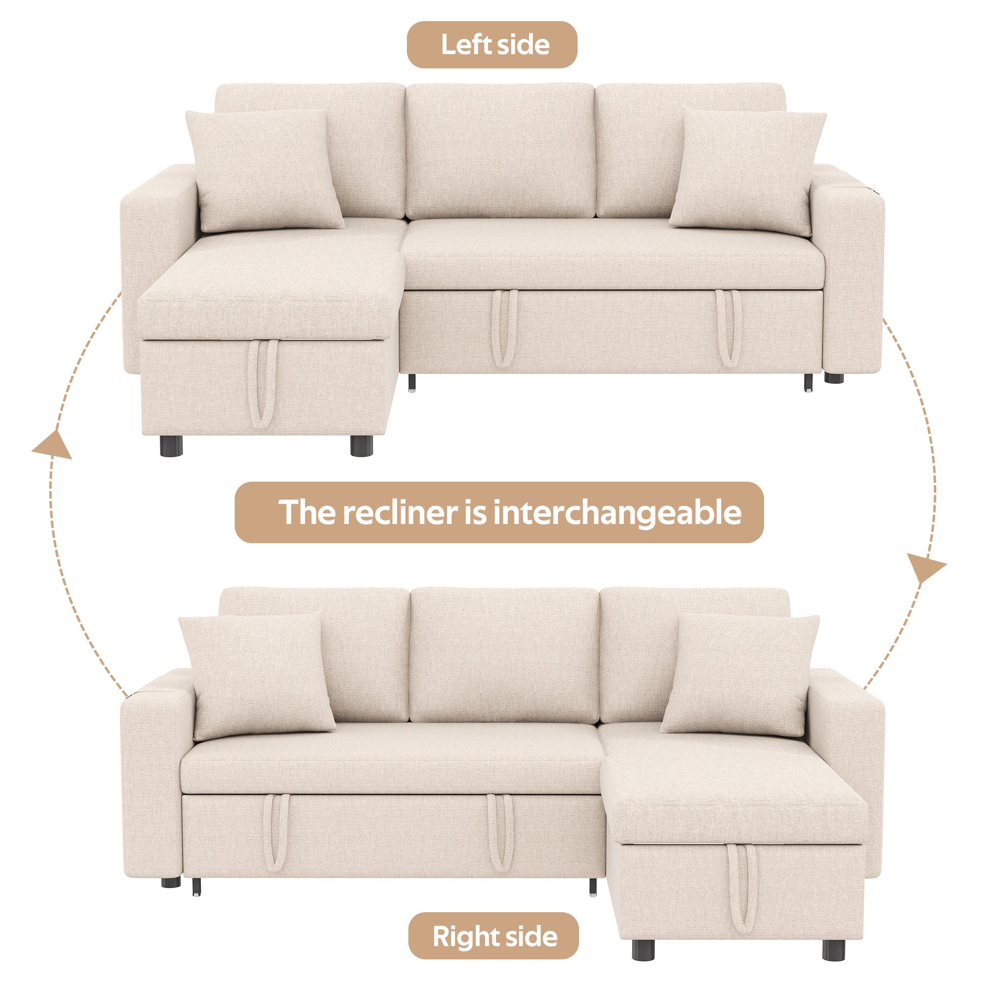 Canapé d'angle convertible réversible 4 places, Tissu en Lin,L219,canape convertible avec coffre de rangement,canapé en L,beige - 5