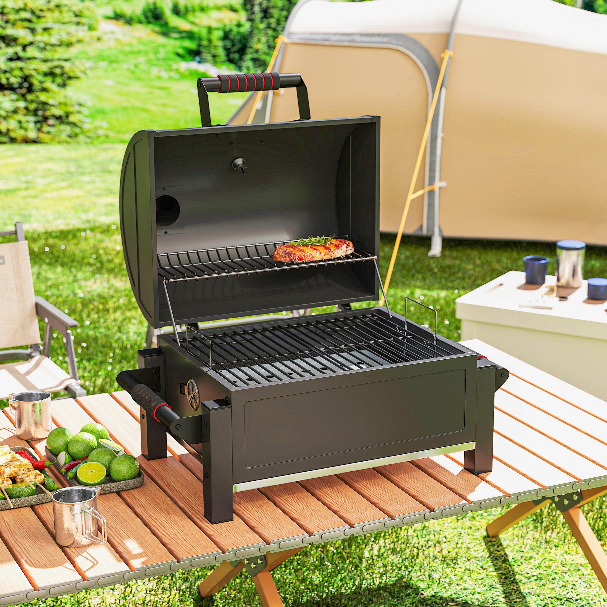 Barbecue charbon de bois avec couvercle, grille de maintien au chaud, bac à cendres, thermomètre, inoxydable, 67 x 53 x 55 cm, noir/rouge - 3