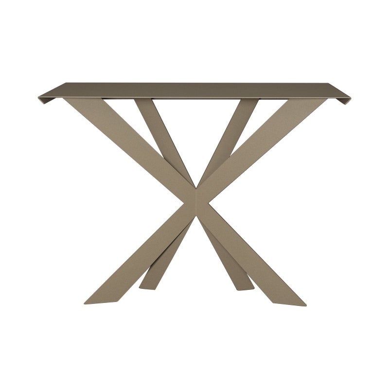 Konsola Exsodus Zeus 110x35x85 cm z żelaza malowanego na beżowo, nowoczesny geometryczny perforowany wzór, made in Italy