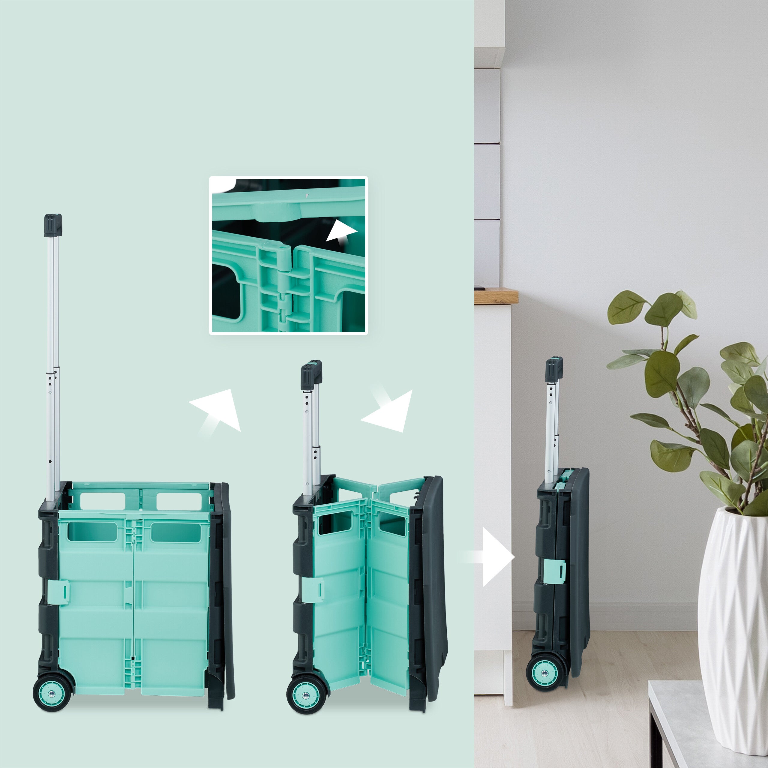 Relaxdays Chariot de courses pliable, avec couvercle, caisse sur roulettes, poignée, jusqu'à 35 kg, turquoise/gris - 6