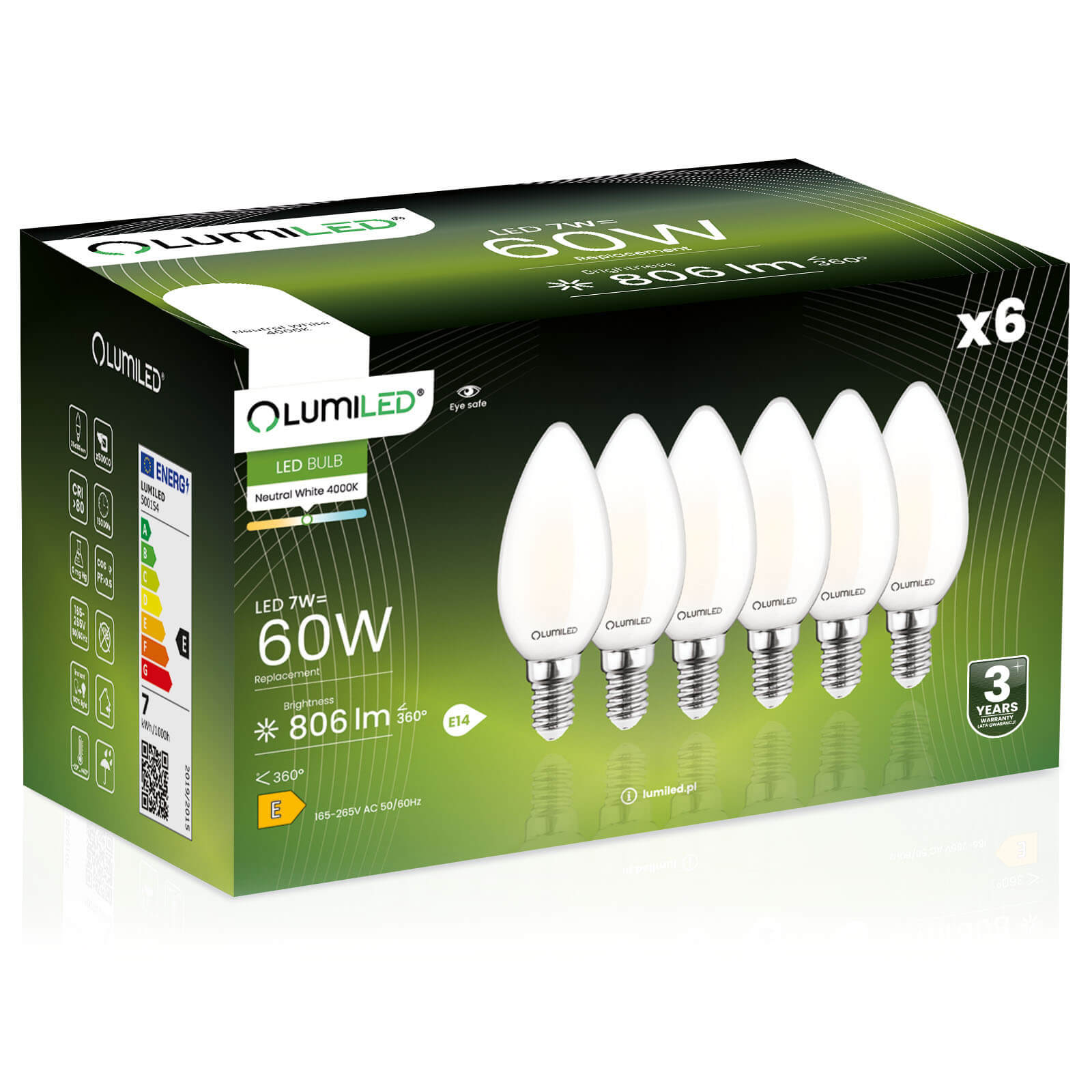 6x Żarówka Lumiled LED E14 Świeczka B35 7W = 60W 806lm 4000K Neutralna 360st Filament