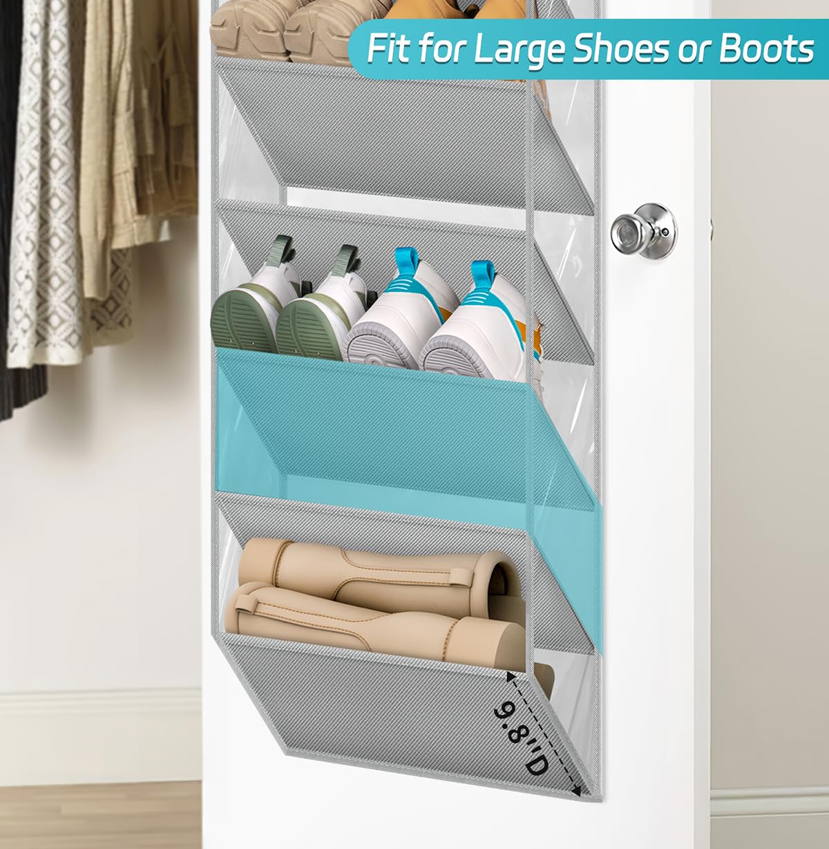 Organiseur à chaussures à 10 niveaux, robuste, avec grandes poches profondes, pour placard, rangement mural, pour dortoir et porte étroite - 3