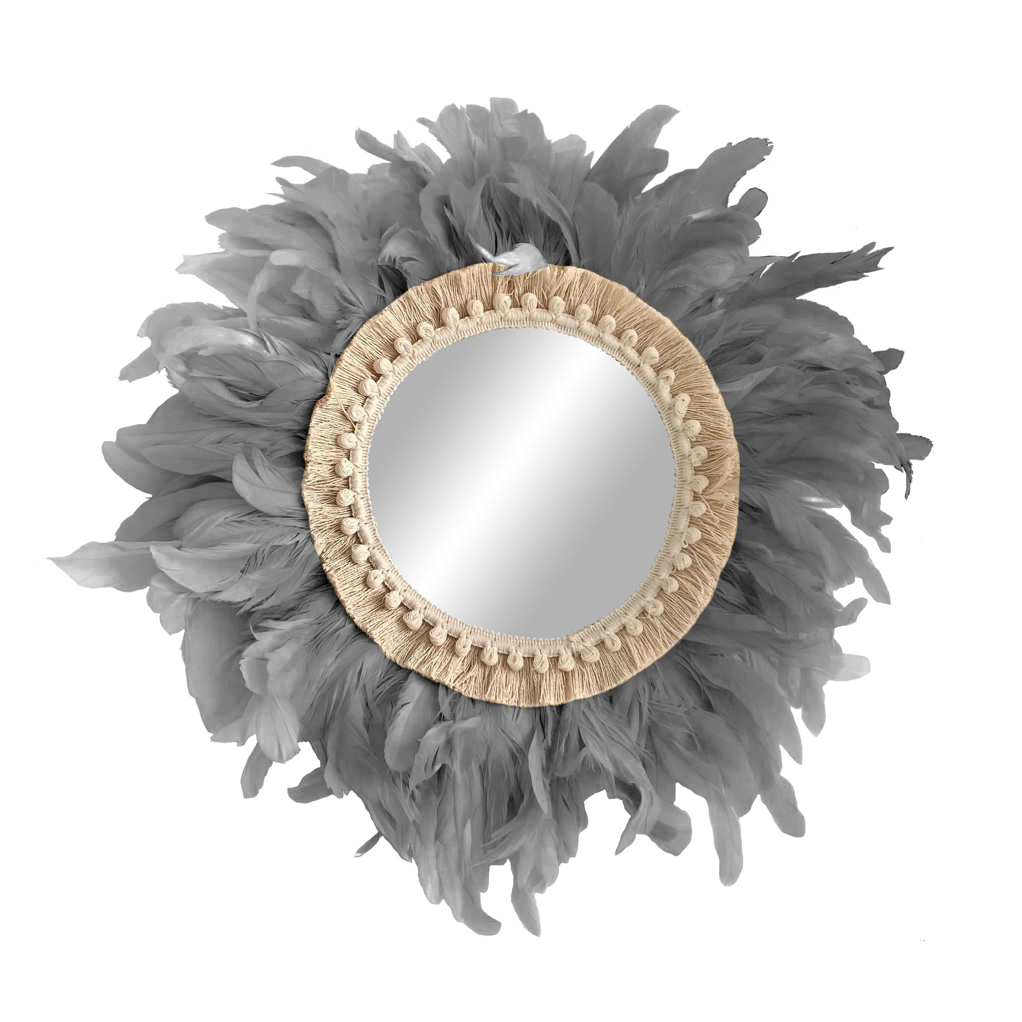 Espejo redondo de plumas naturales de gallo decoración de pared estilo étnico - mirror feathers tail gris 90cm