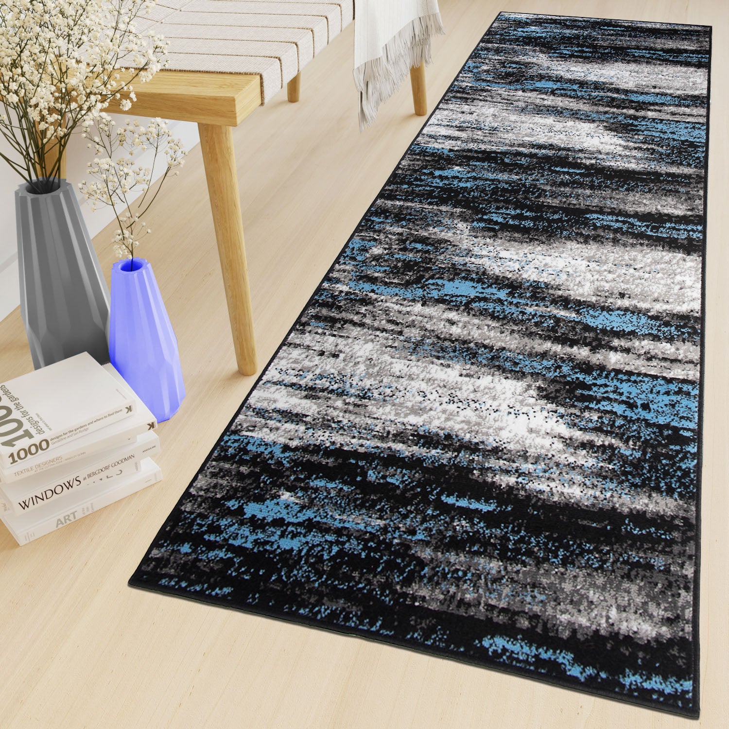 TAPISO Maya Tappeto Passatoia Corridoio Moderno Grigio Nero Blu Macchiato Sottile 60 x 780 cm - 6
