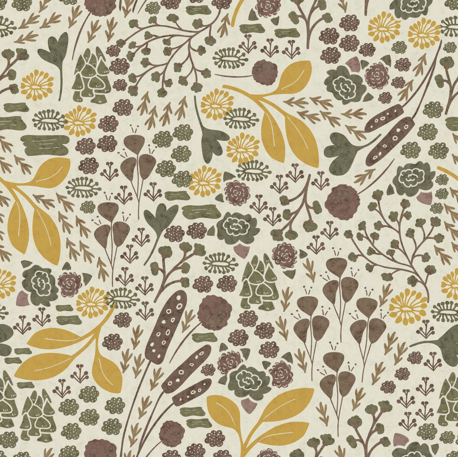 Fotomural vintage flores amarillo ocre, marrón y verde oliva agrisado - 250 x 250 cm - komar