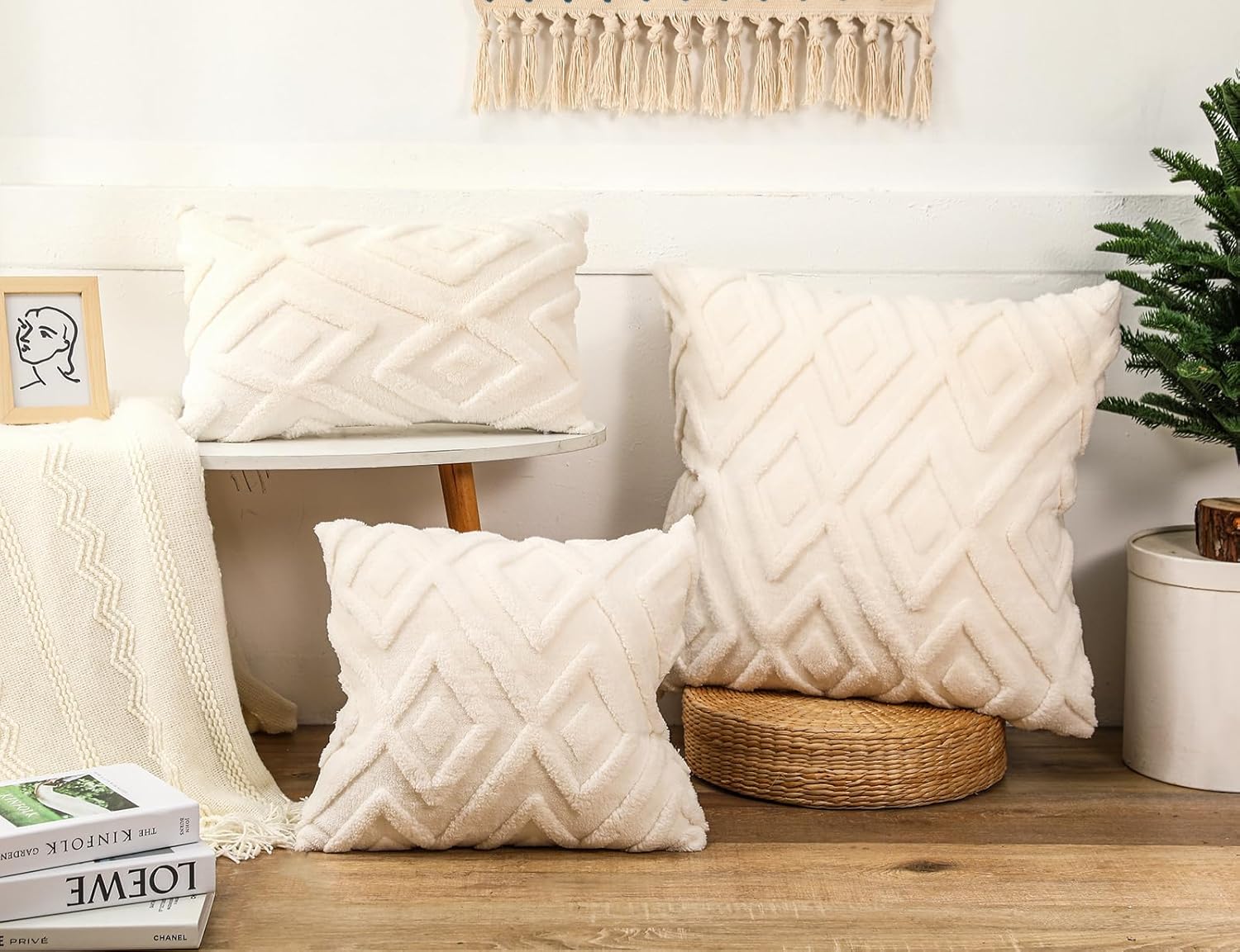 Housse de coussin beige - motif à carreaux doux, style bohème - convient pour le salon, la chambre, etc. - Lot de 2, 30×50 cm - 4