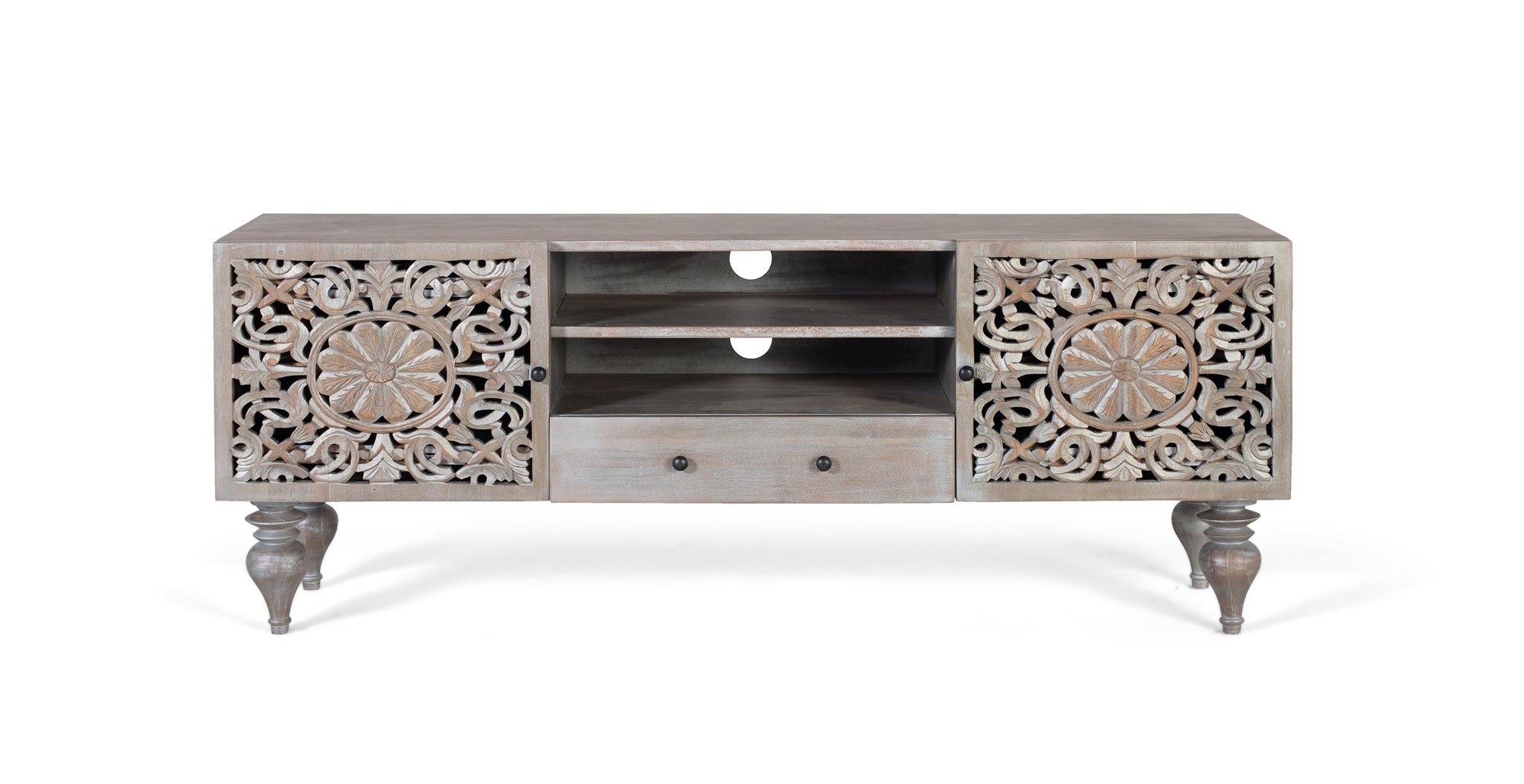 Stojak pod telewizor z drewna mango 150 cm w stylu boho, rzeźbiony, 57x150x40 GYC