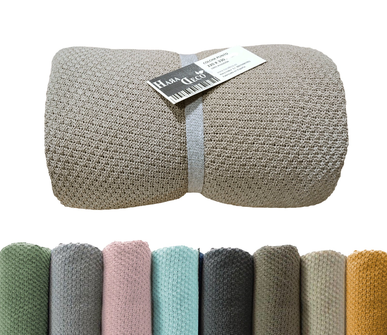 Haradeco manta 100% algodón suave, plaid arena beige 180x260cm, colcha multiuso antialérgico anti-pilling, pie de cama fabricado en españa