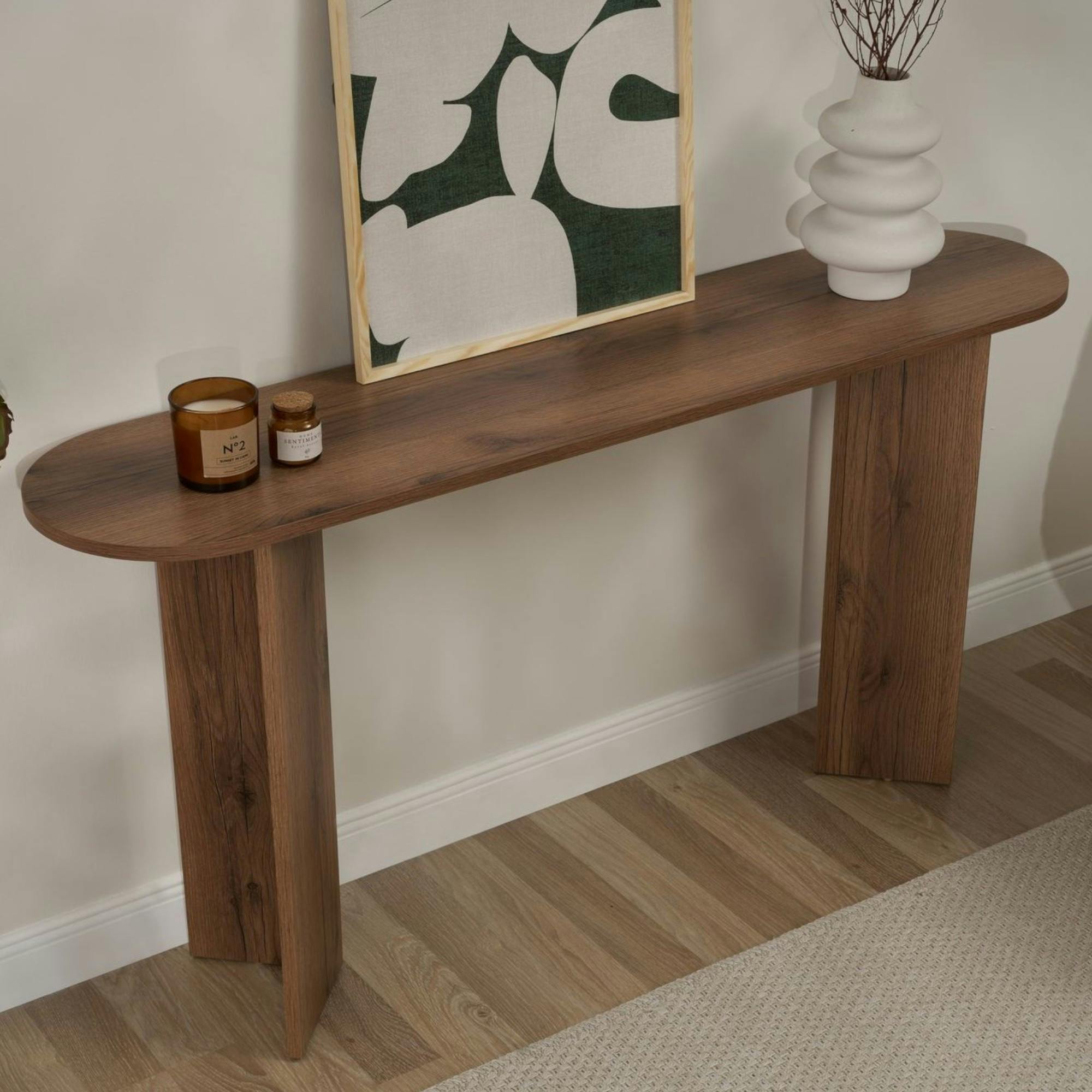 Console de salon ovale effet noyer clair - pieds en V MARFA - 3