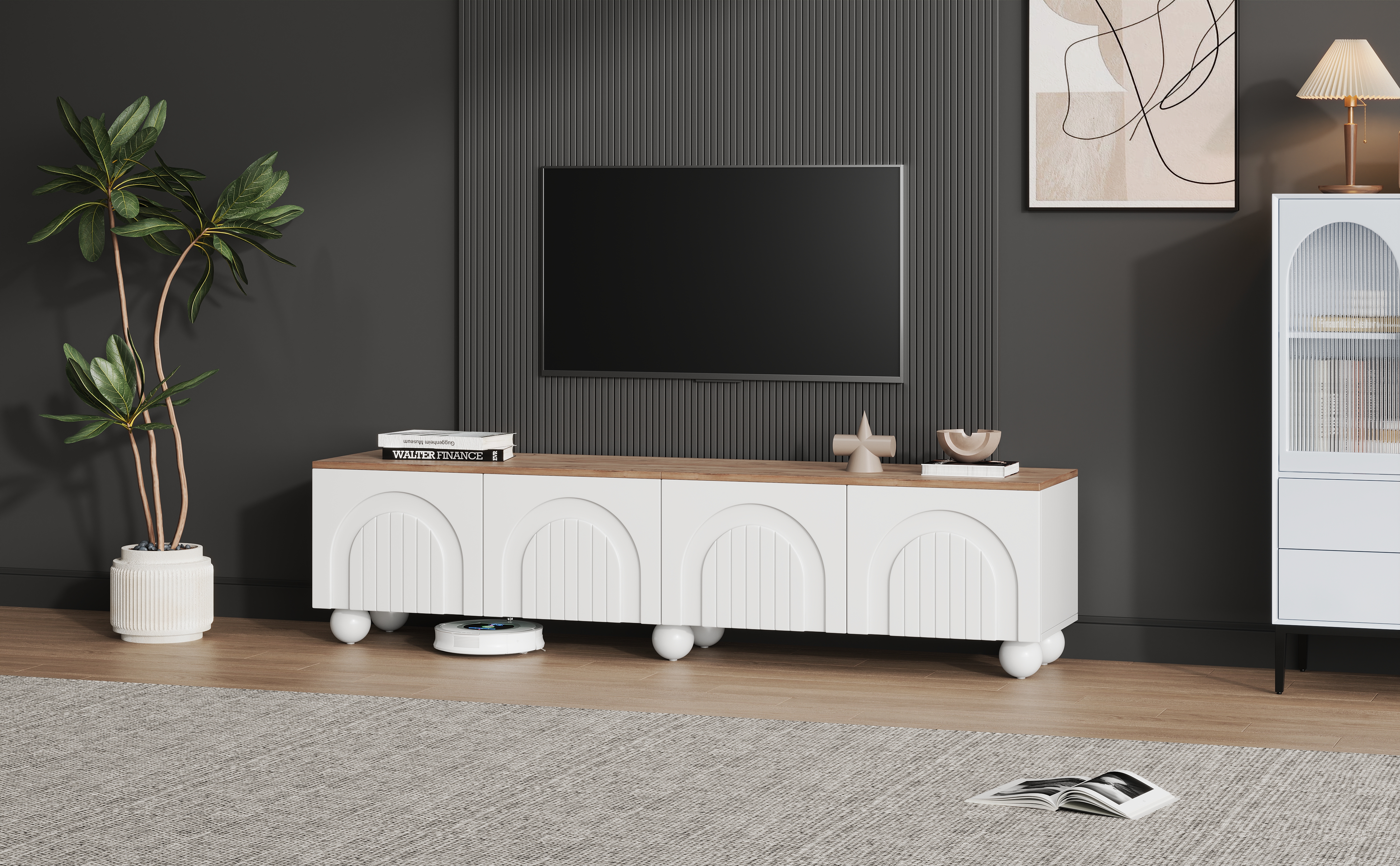 Meuble TV avec 4 portes pour tv 80 pouces - 180 x 40 x 45 cm - MDF - pour salon ou chambre - Blanc + Chêne - 8
