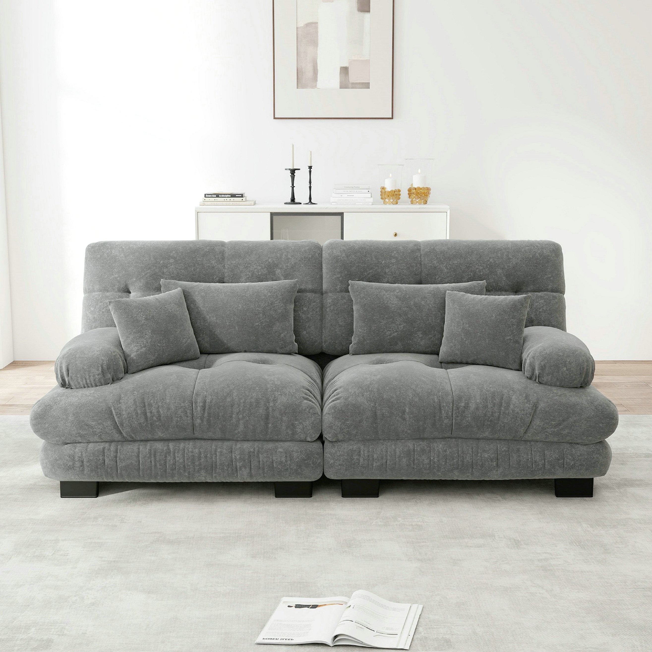 Canapé d\'angle Cloud deux places, avec 2 coussins lombaires et 2 coussins décoratifs, avec larges accoudoirs – chenille – gris - 3