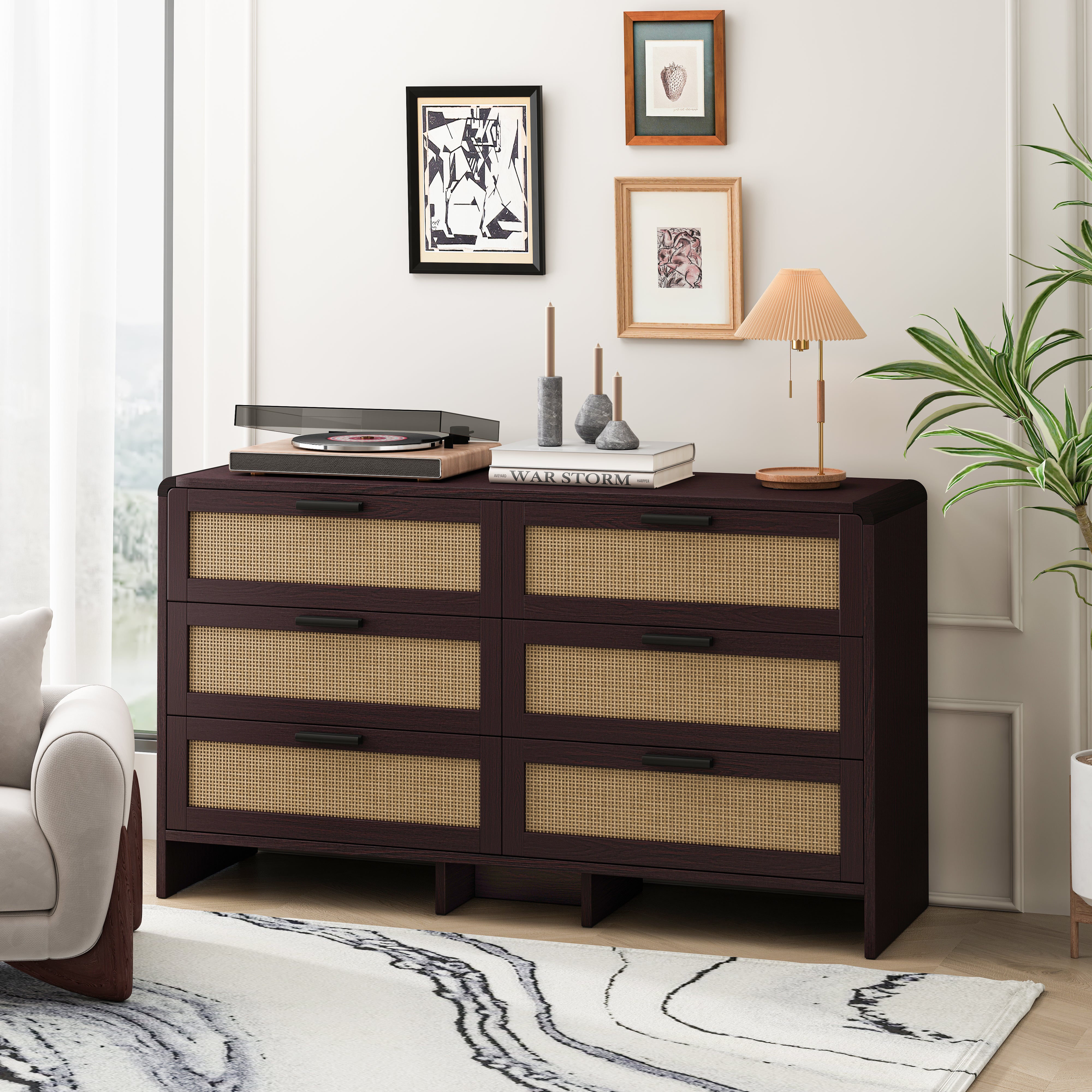 Finnhomy Cassettiera in rattan per camera da letto, cassettiera alta con 6 cassetti decorati a mano in rattan per camera da letto, piccolo comodino