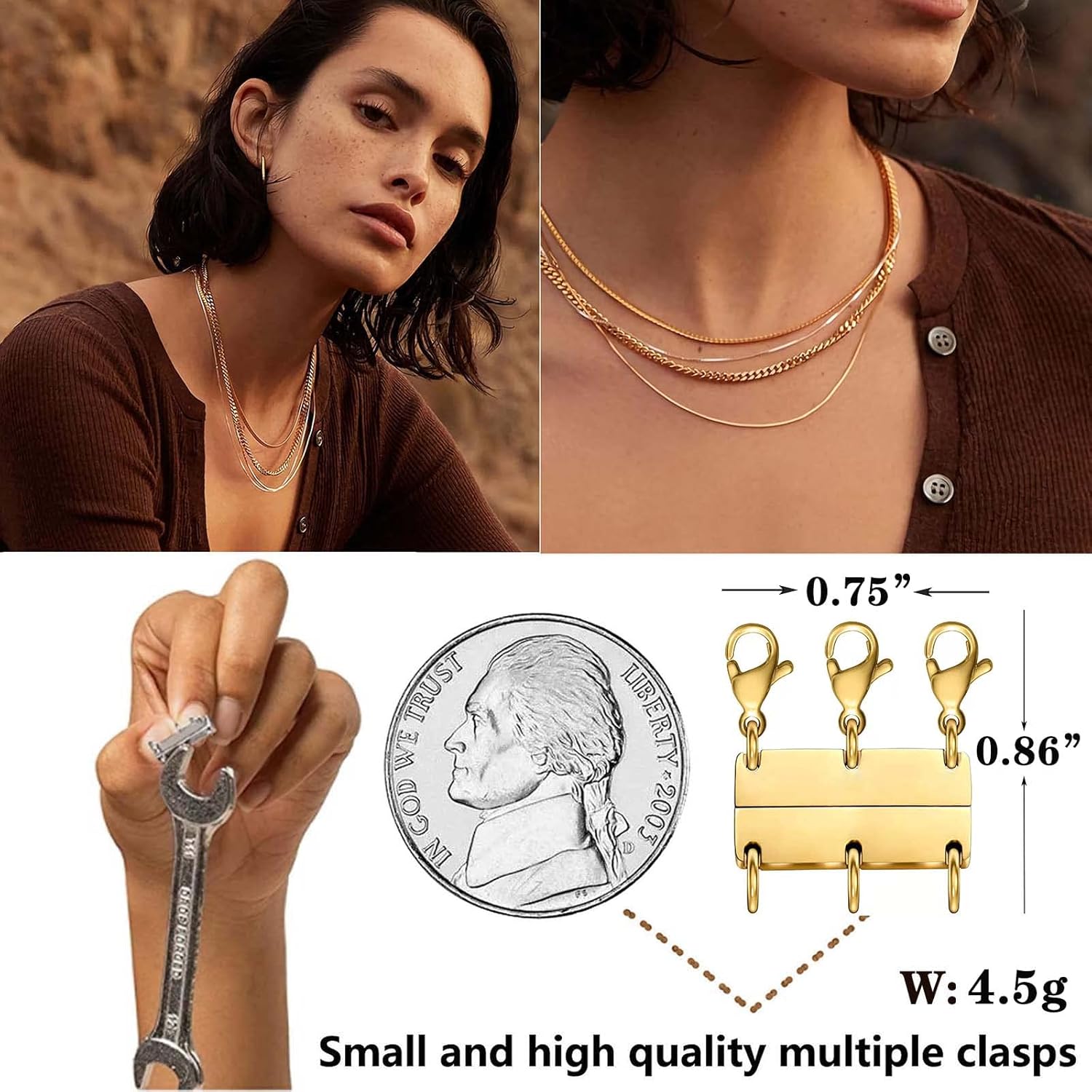 MILISTEN Lot de 5 fermoirs mousquetons dorés à double ouverture, fermoir mousqueton, fermoir pour bracelet, collier avec bagues, fermoirs d'extension de bijoux pour loisirs créatifs, bagues, bracelets