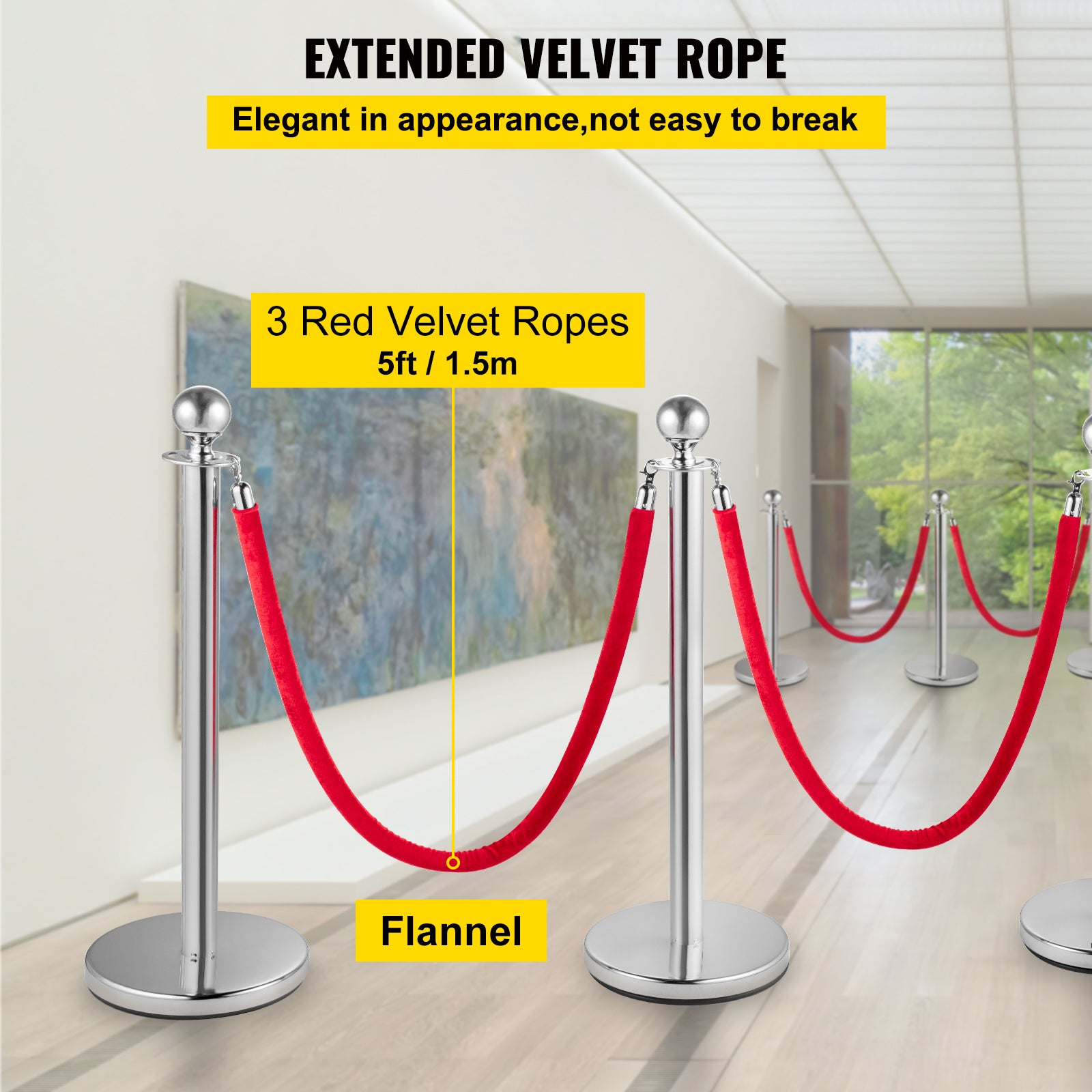 Lot de SucceBuy 4 poteaux rétractables ronds argentés avec corde en velours rouge de 1,5 m,contrôle des foules,métal. - 6