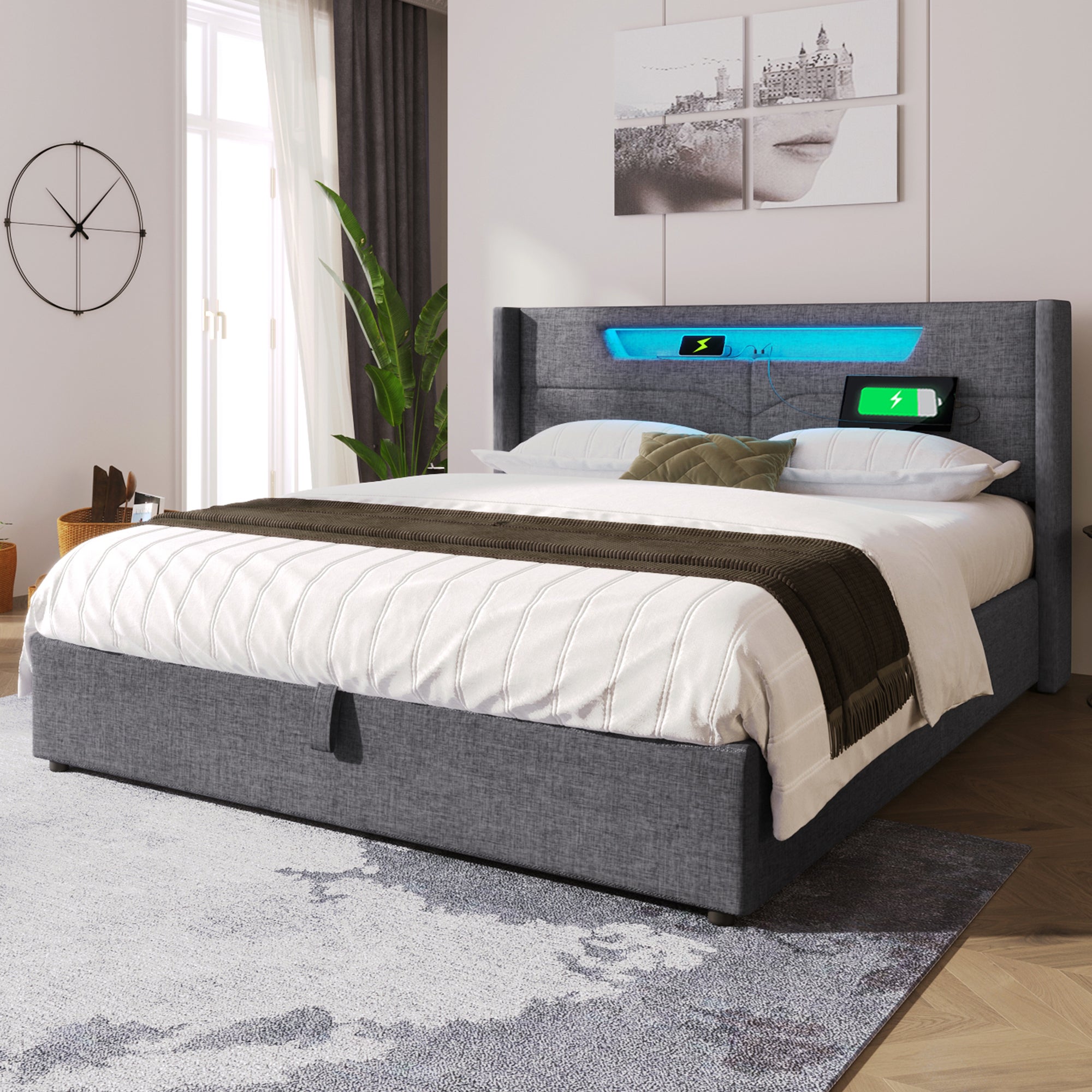 Cama arcón doble, lino, carga USB tipo C e iluminación LED, (140 x 200 cm, gris, sin colchón) - 3