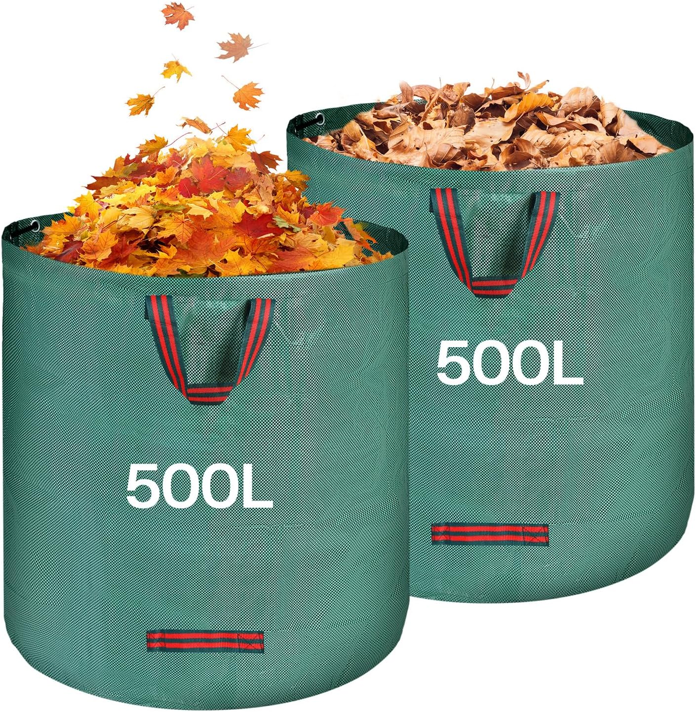 2 x 500L worki na odpady ogrodowe – worki na odpady zielone z uchwytami, składane i wielokrotnego użytku – do zbierania opadłych liści