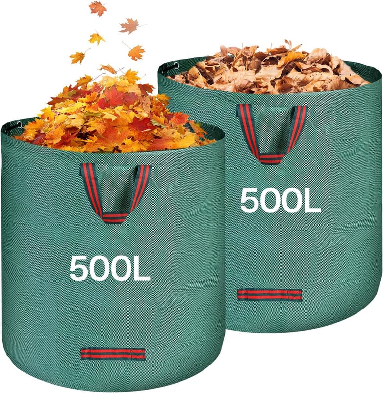 2 x 500L worki na odpady ogrodowe – worki na odpady zielone z uchwytami, składane i wielokrotnego użytku – do zbierania opadłych liści