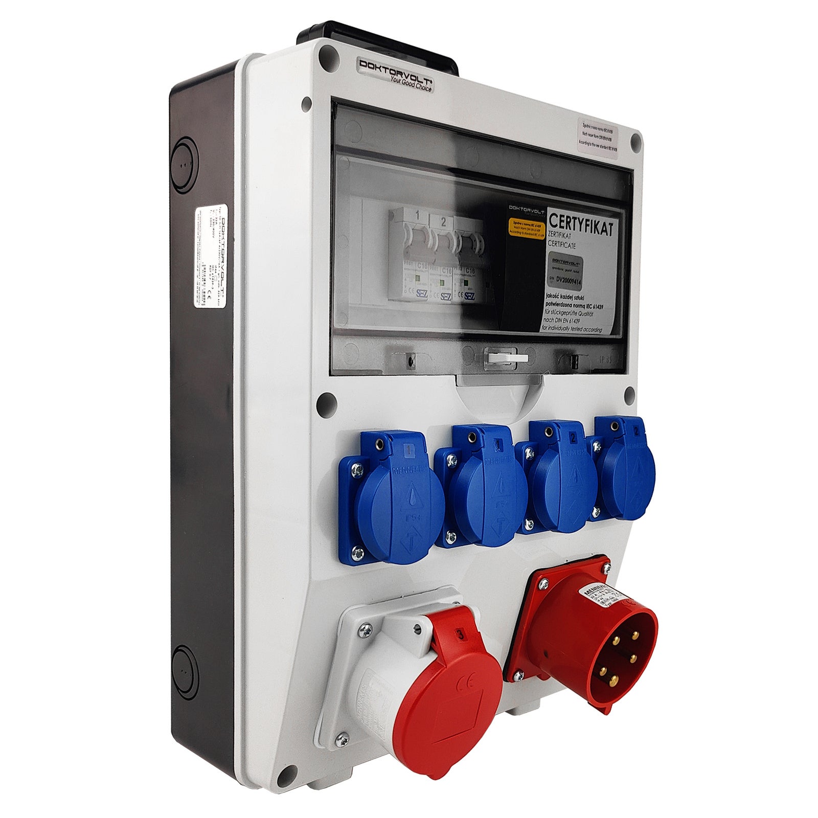 Rozdzielnica budowlana z uchwytem i wtyczką odbiornikow 32A TD-S/FI 16A 4x230V Schuko Doktorvolt 0229