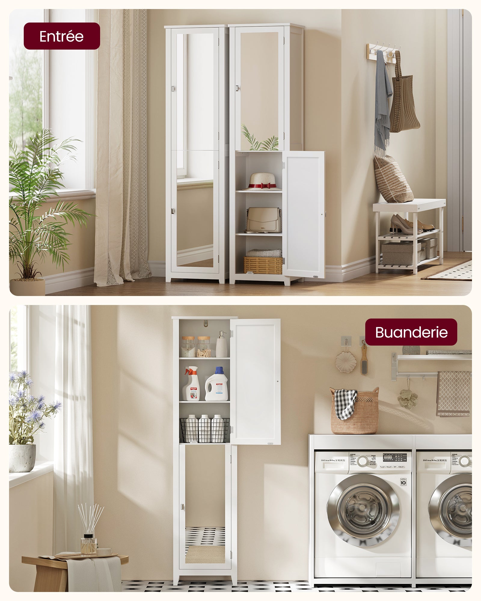 Armoire de Salle de Bain Haut, avec Miroir Pleine Longueur, Meuble de Salle de Bain, avec Étagères Réglables, 30 x 40 x 160 cm,Blanc - 7