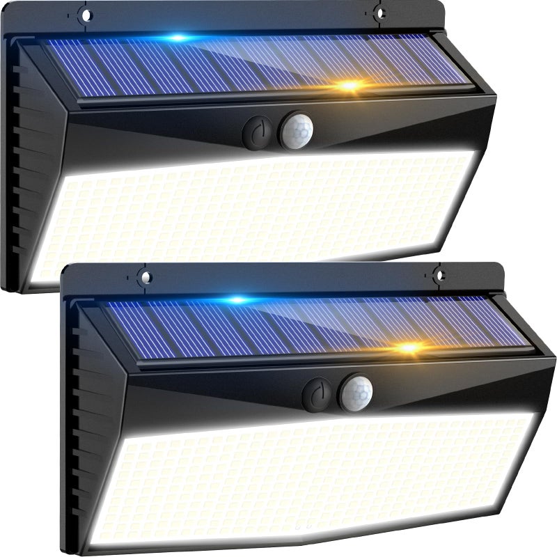 Zestaw 2 zewnętrznych lamp solarnych naściennych z czujnikiem ruchu, 368 LED, 3 tryby oświetlenia, wodoodporne IP65, białe światło.