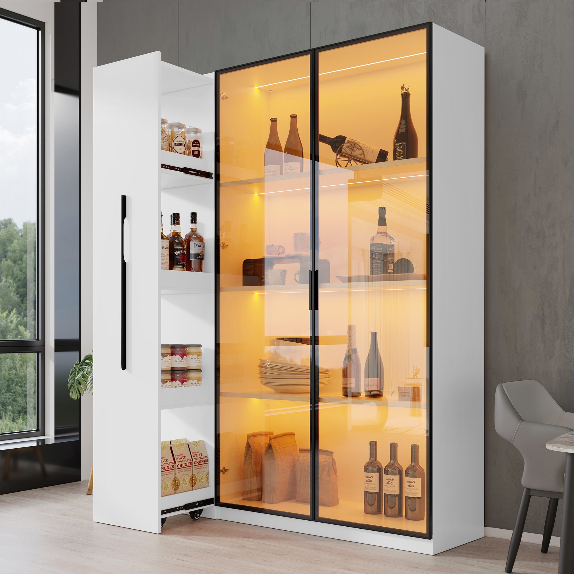 Witryna mobilna 110,5x35x160 cm - Z dużą wysuwaną szufladą - Z oświetleniem LED - 2 drzwi ze szkła - MDF - Biały