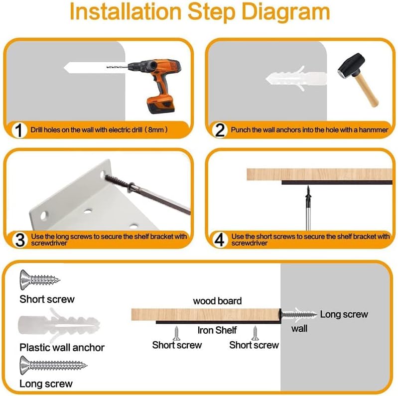 Set di 4 staffe per mensole, staffa per mensola da parete in metallo, staffa per mensola sospesa, staffa per mensola triangolare nascosta, con viti, - 5