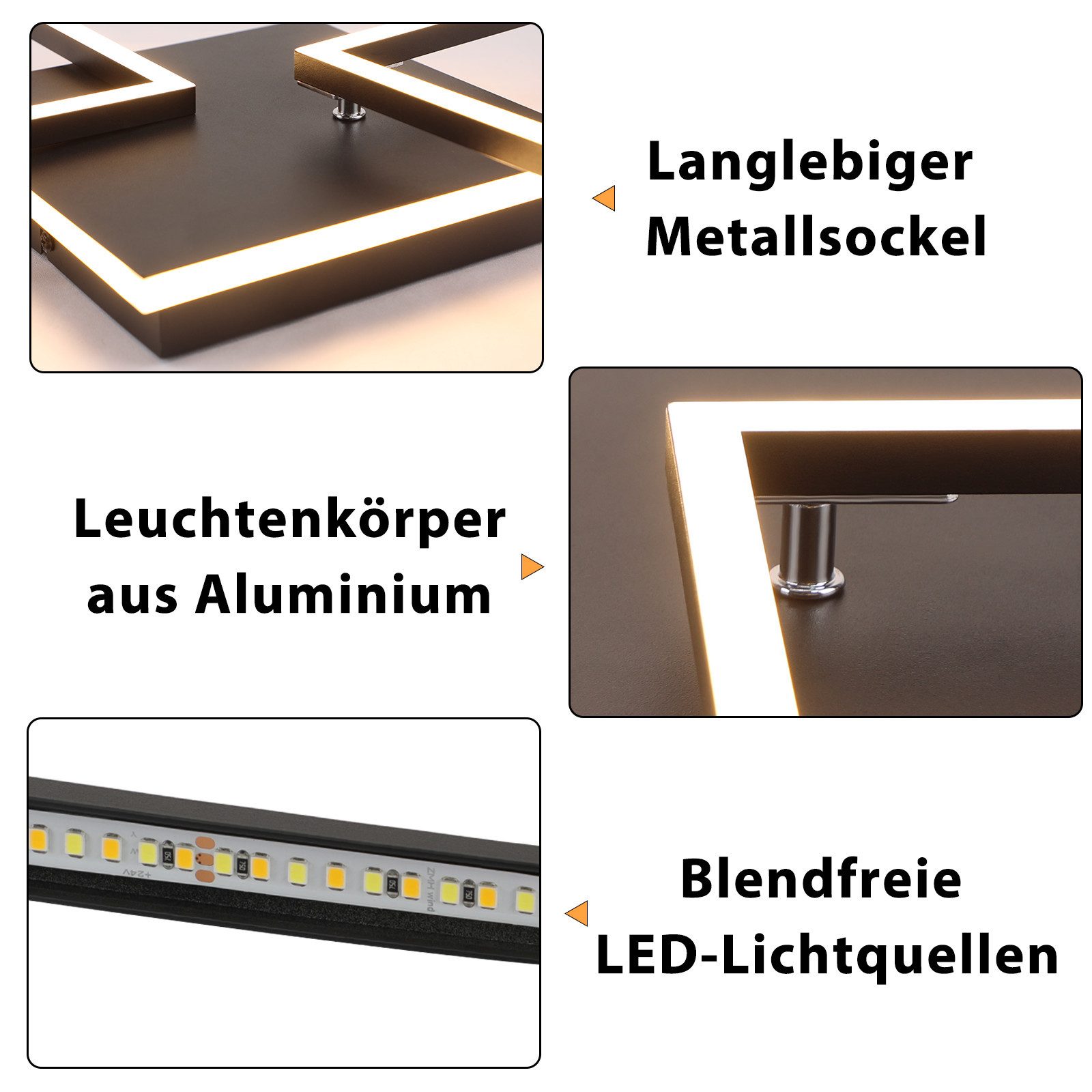 NETTLIFE Lampa sufitowa LED do salonu, czarna, ściemnialna, kwadratowa, nowoczesna, 36 W, z pilotem - 4