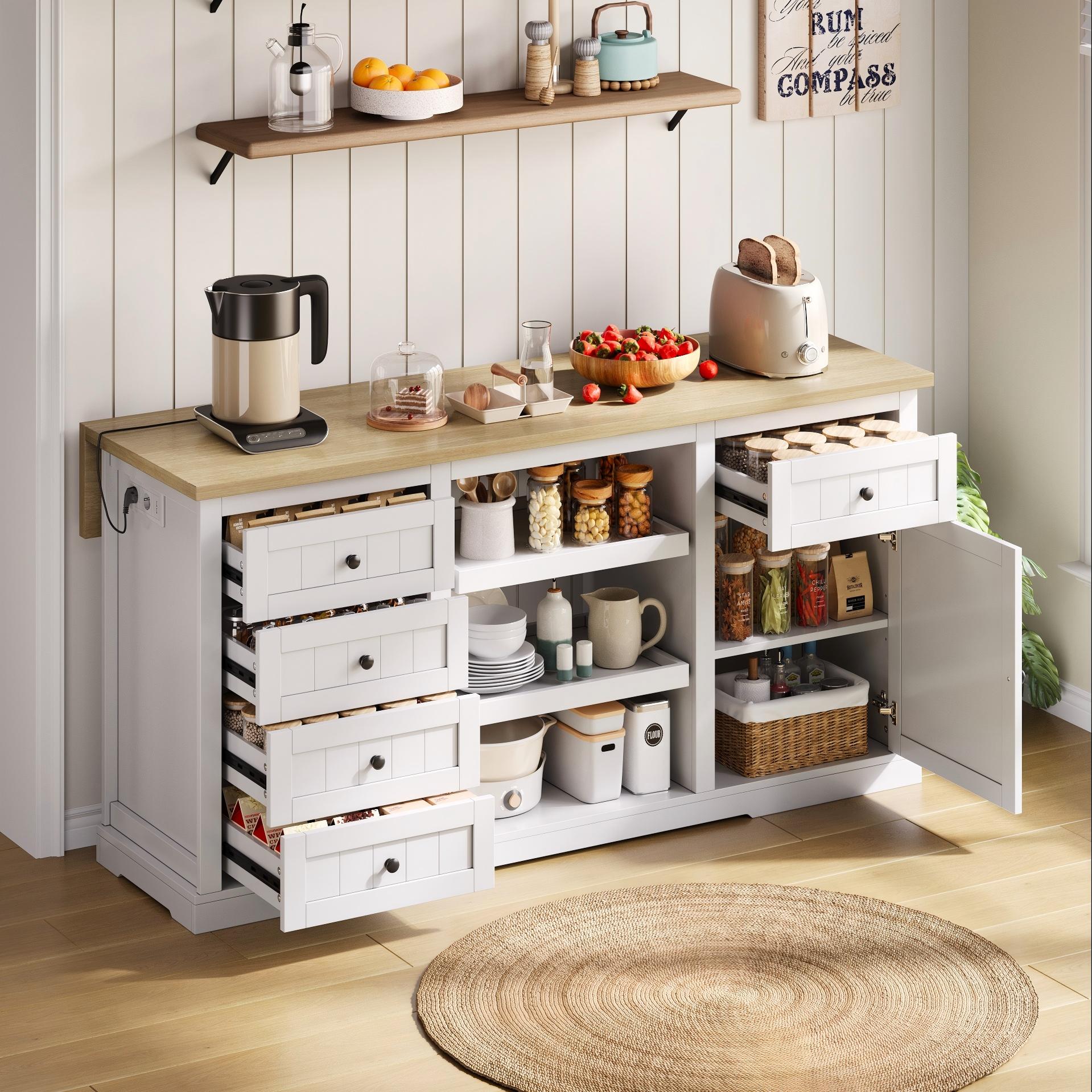 Kredens kuchenny z 5 szufladami, 1 drzwiami i 2 półkami - Gniazda ładowania - 150x65x75cm - Płyta MDF - Panel rozkładany - Biały + naturalny