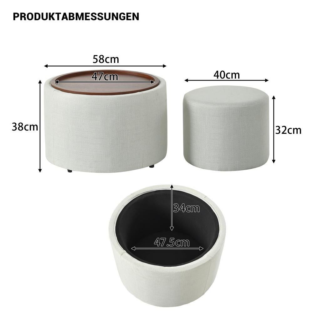 Pouf nido set 2 pezzi con contenitore, tavolino rotondo e panca multifunzionale 4-in-1, 58 cm, pronto all’uso - 2