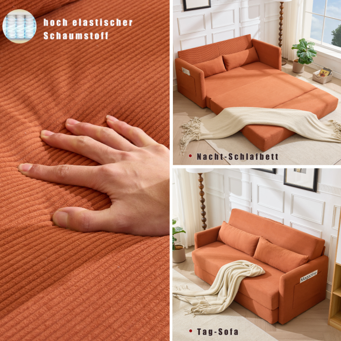 Sofá cama moderno laranja 2 lugares, tecido poliéster, braços quadrados, com almofadas lombares e bolsos, ideal para sala de estar - 3