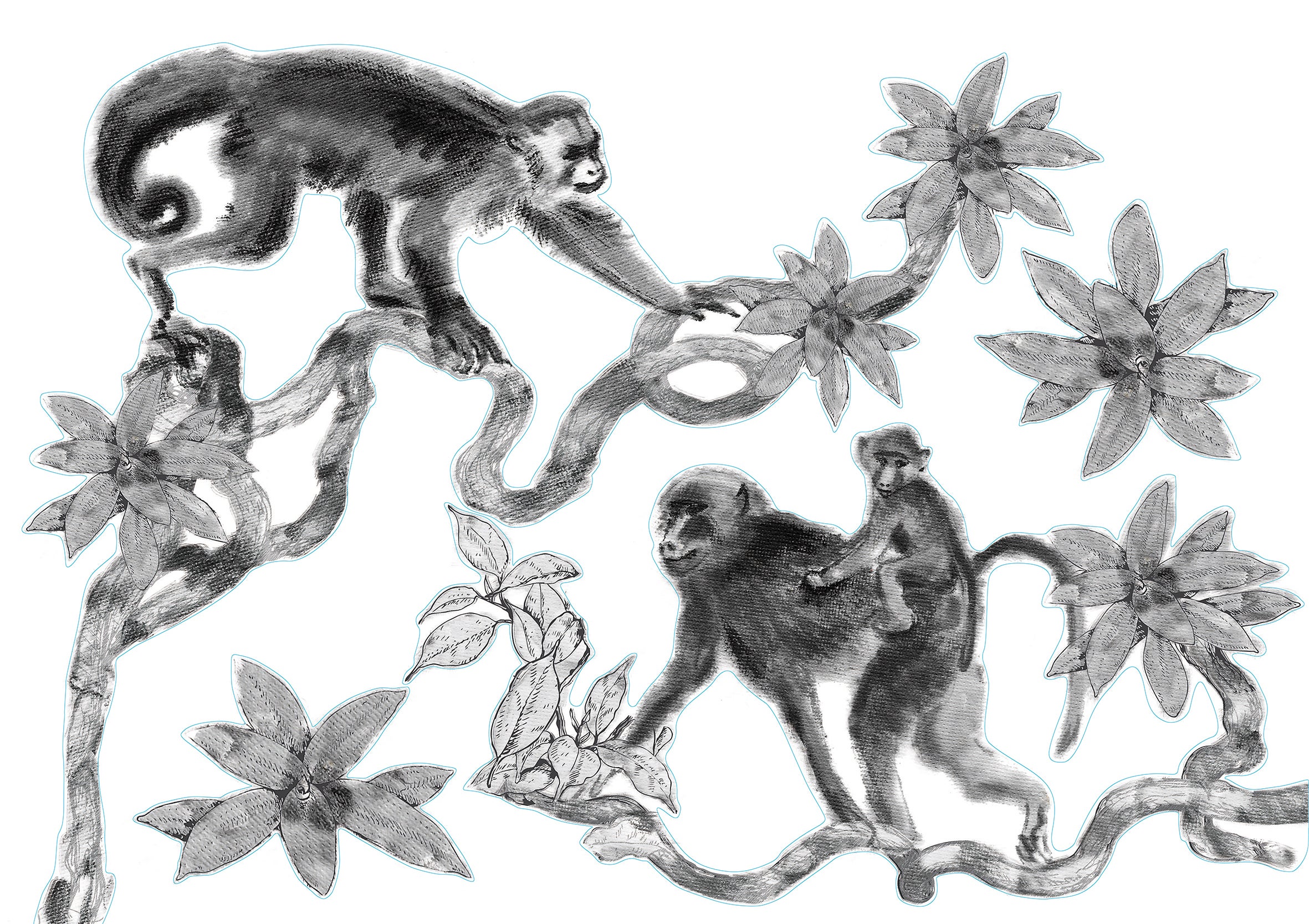 Sticker autocollant décoratif, illustration d'une famille de singe sur leur branche, dans un style aquarelle noir, 68 cm X 48 cm - 2