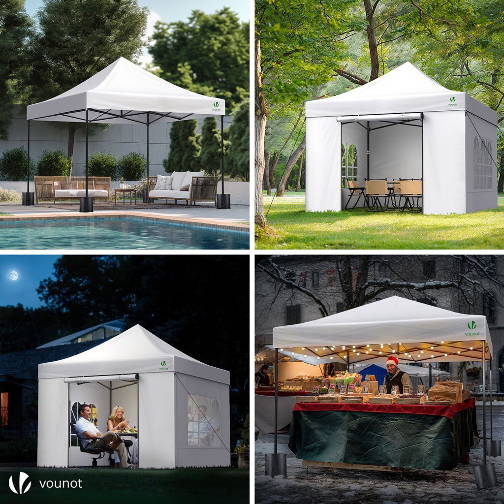 Tonnelle de jardin renforcée 3x3m pliable avec 4 parois et sac de transport à roulette - Imperméable et anti-UV - Blanc - VOUNOT® - 4