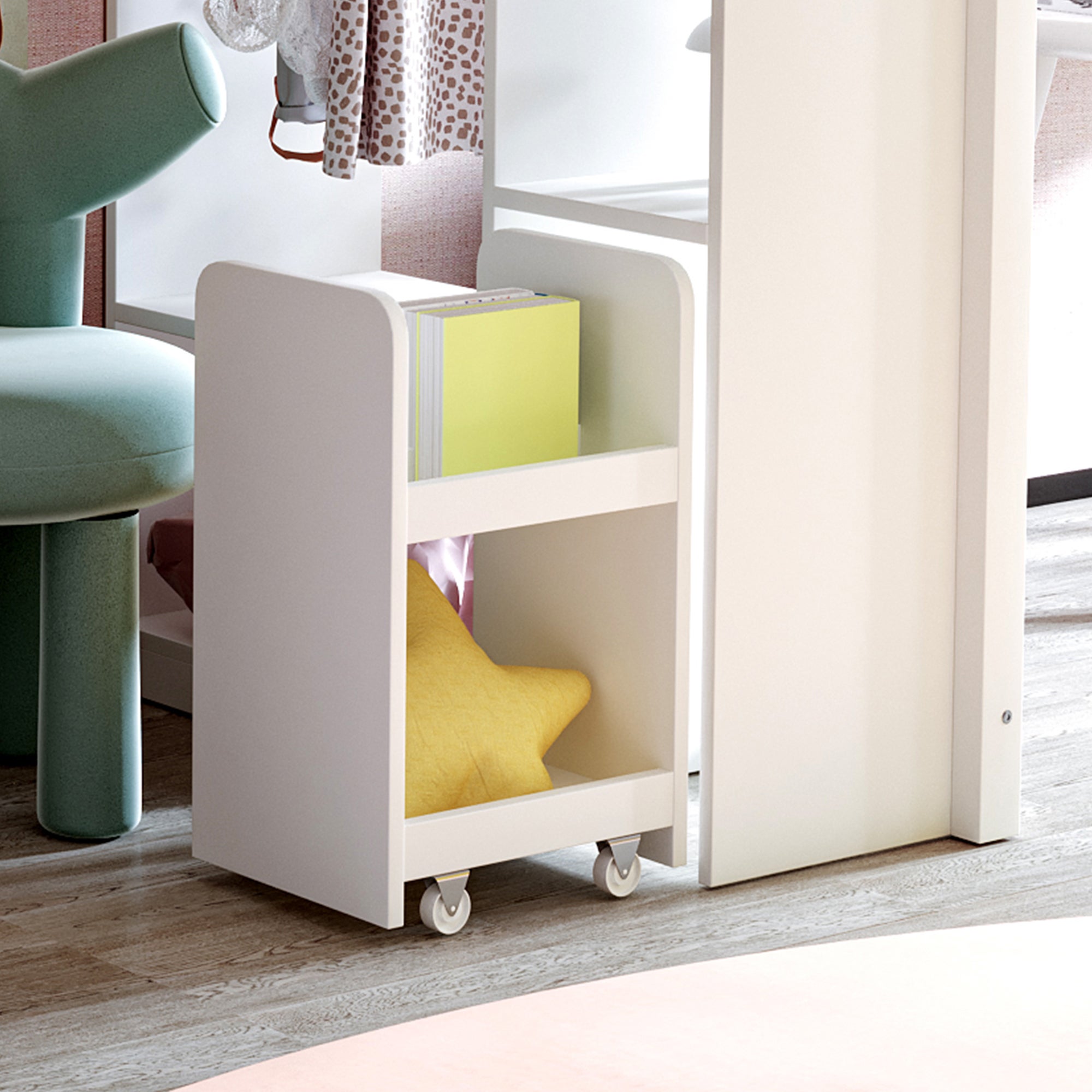 Letto a soppalco per bambini 90x200 cm, con ripiani multilivello, con 1 carrello organizer rimovibile, letto per ragazzi, letto singolo, bianco - 6