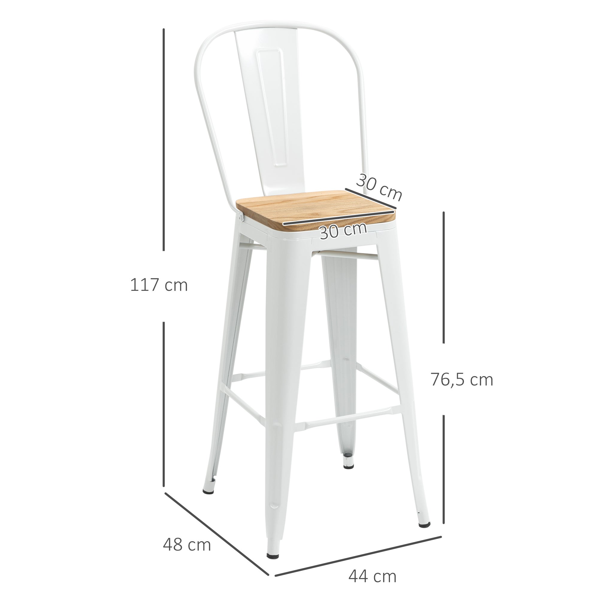 HOMCOM Juego de 4 Taburetes Altos de Cocina Apilables con Respaldo Alto Taburetes de Bar con Reposapiés Asiento de Madera y Marco de Acero - 3