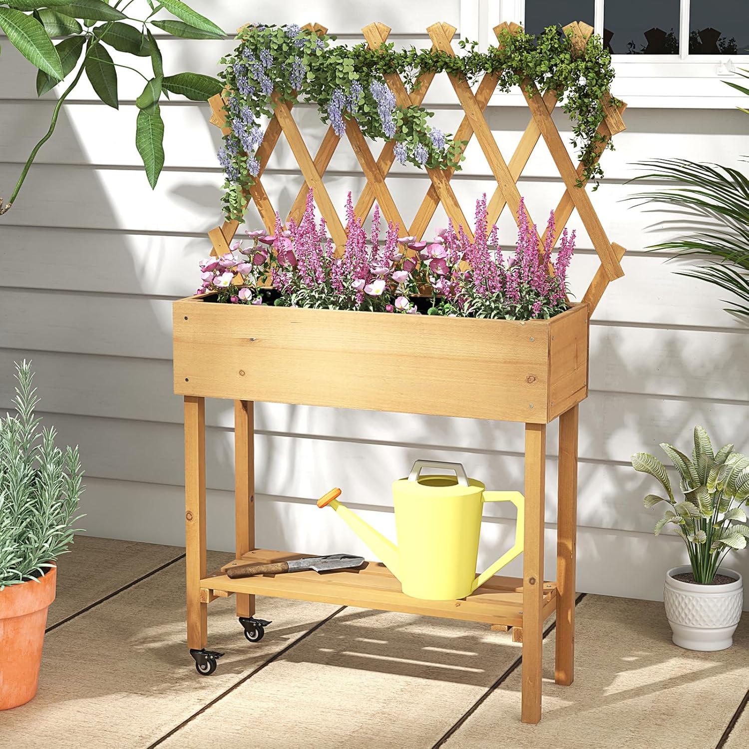 Jardinière Surélevée en Bois avec Treillis à Roulettes, Étagère Inférieure pour Fleurs, Légumes, Herbes, 90x29x129cm - 9