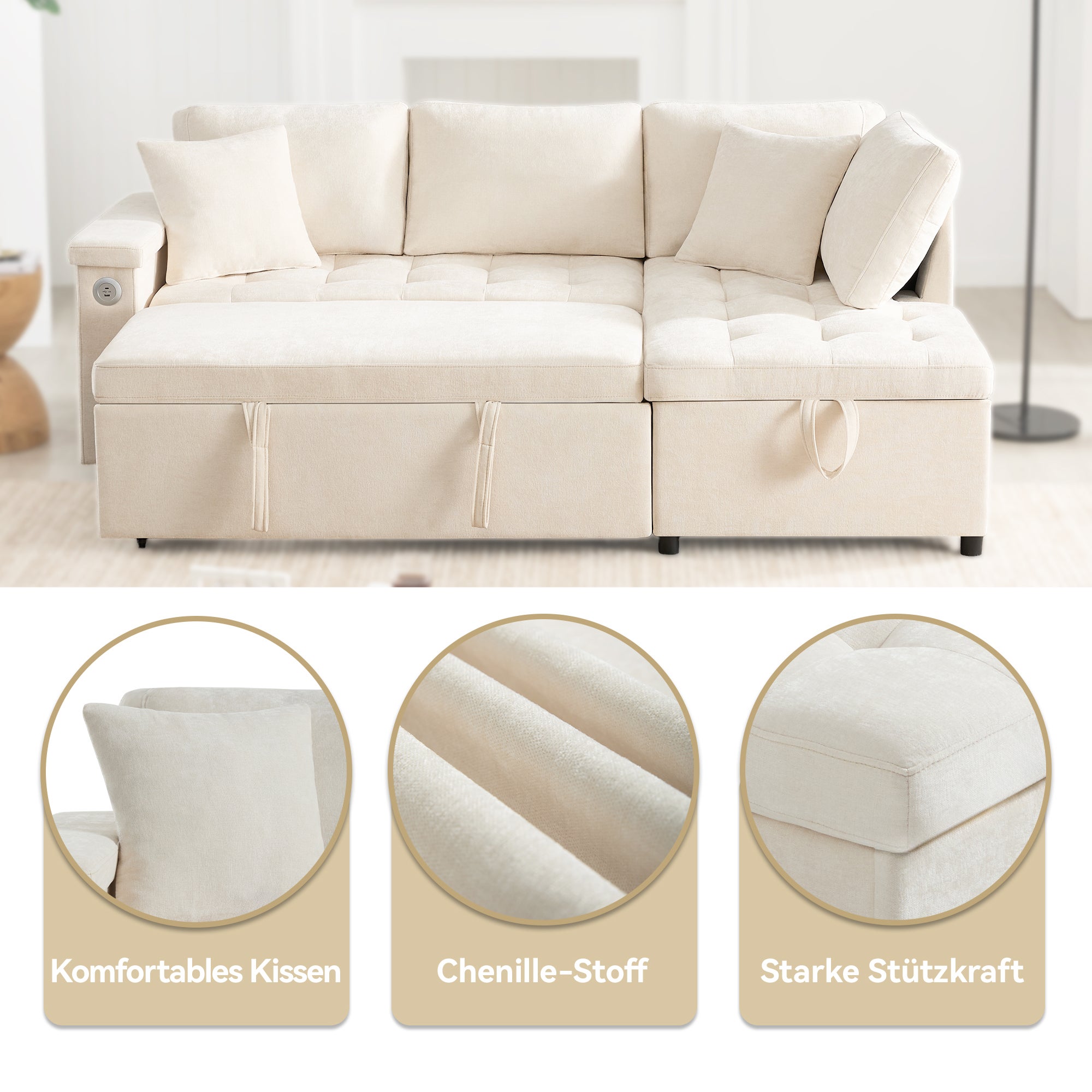 Canapé d'Angle Convertible avec Coffre , Canapé,Lit Moderne 2 à 3 Places avec Port USB, Tissu Chenille Beige - 6