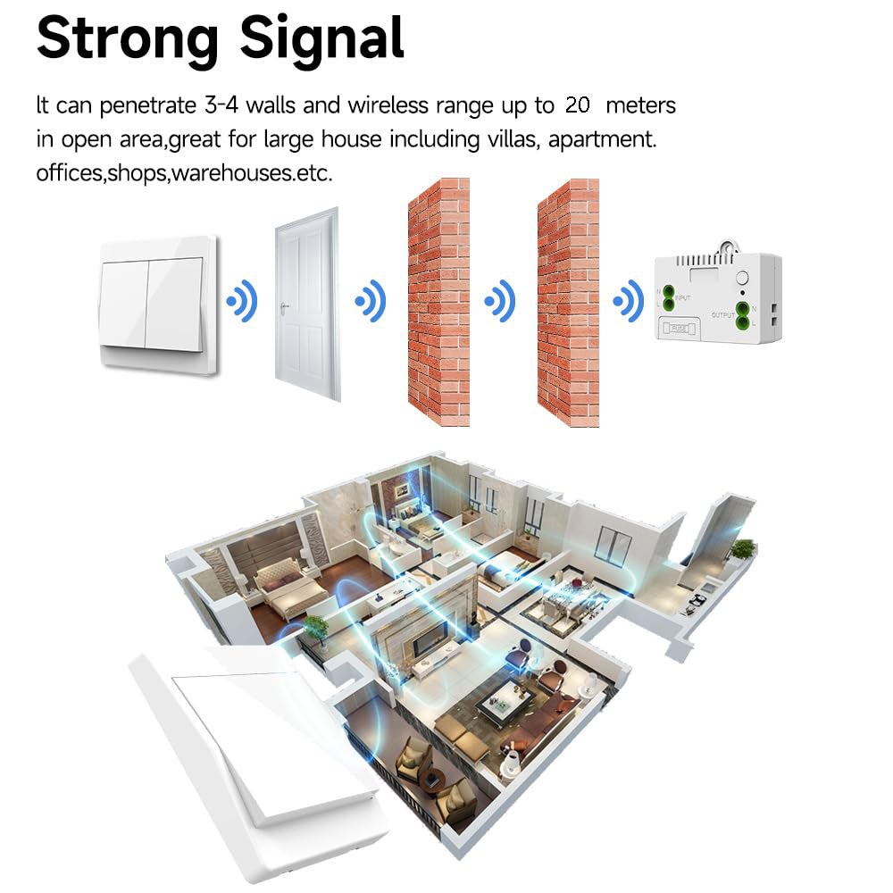 Interrupteur sans fil RF433, télécommande murale bidirectionnelle, auto-alimenté, portée 50 m, sans câblage ni pile (2 récepteurs + 2 interrupteurs) - 5