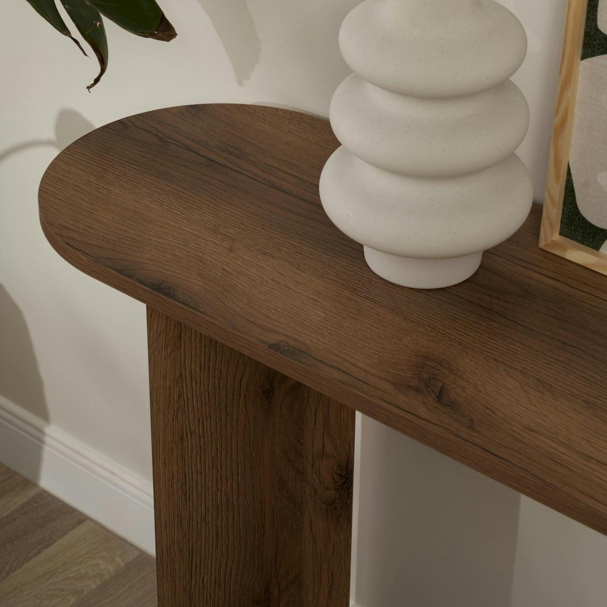 Console de salon ovale effet noyer clair - pieds en V MARFA - 5