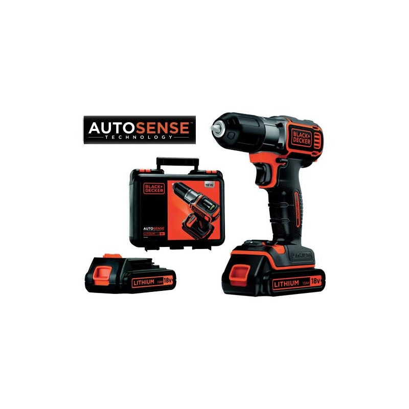 BLACK+DECKER, Trapano/Avvitatore Autosense™ 18V Litio in valigetta con doppia batteria. ASD184KB-QW