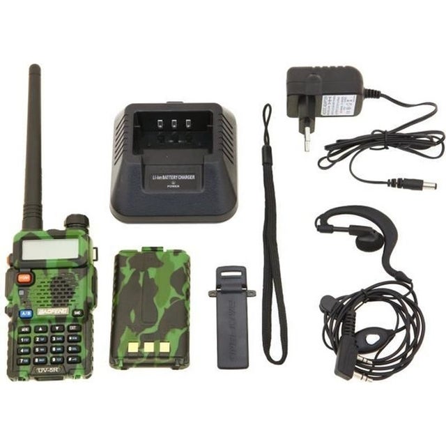 UV-5R Talkie-walkie FM radio VHF/UHF avec double bande, affichage, veille et horloge intégrée (Casque ajouté, Camouflage)
